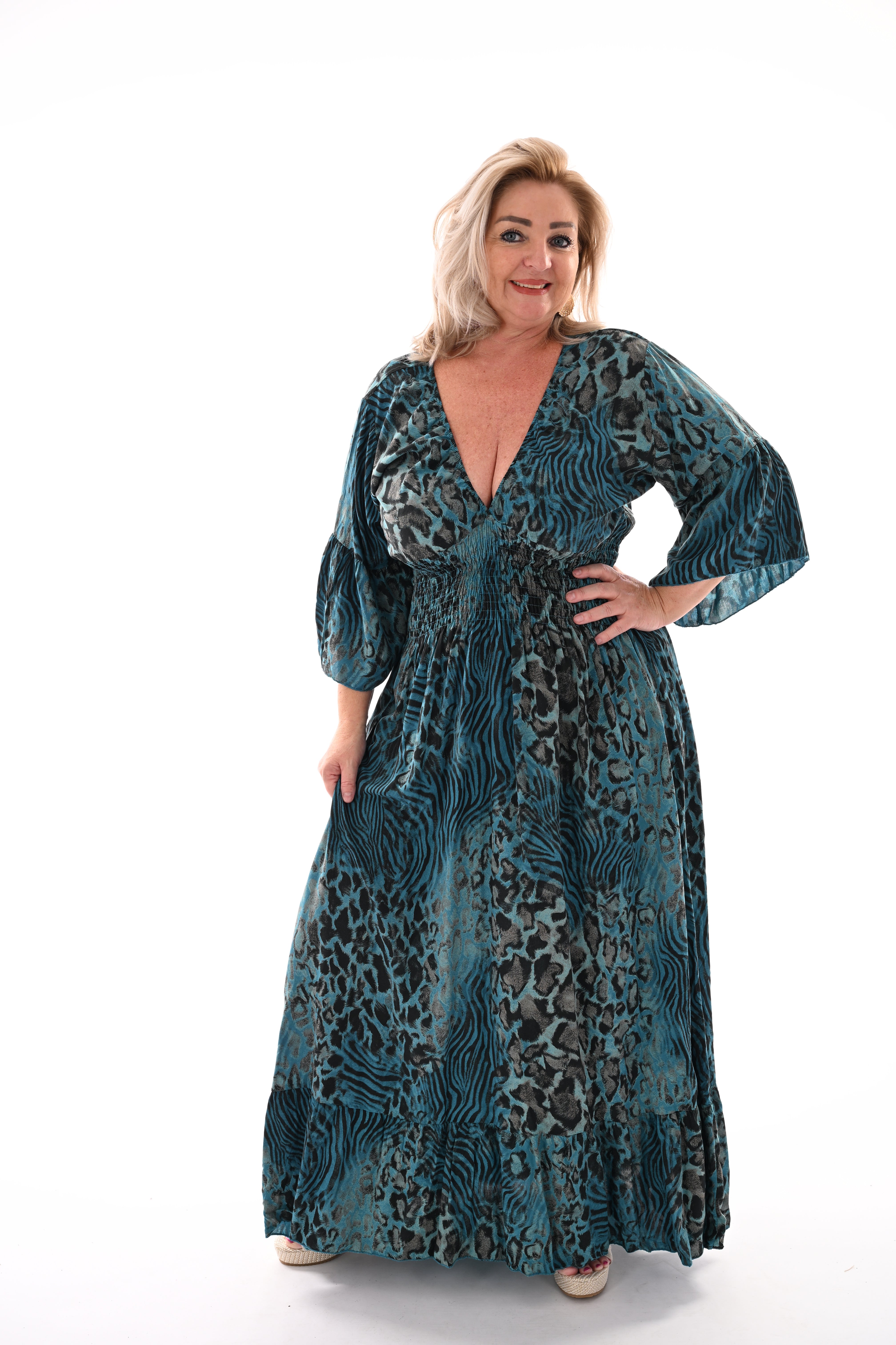 Lange jurk v-hals panterprint blauw