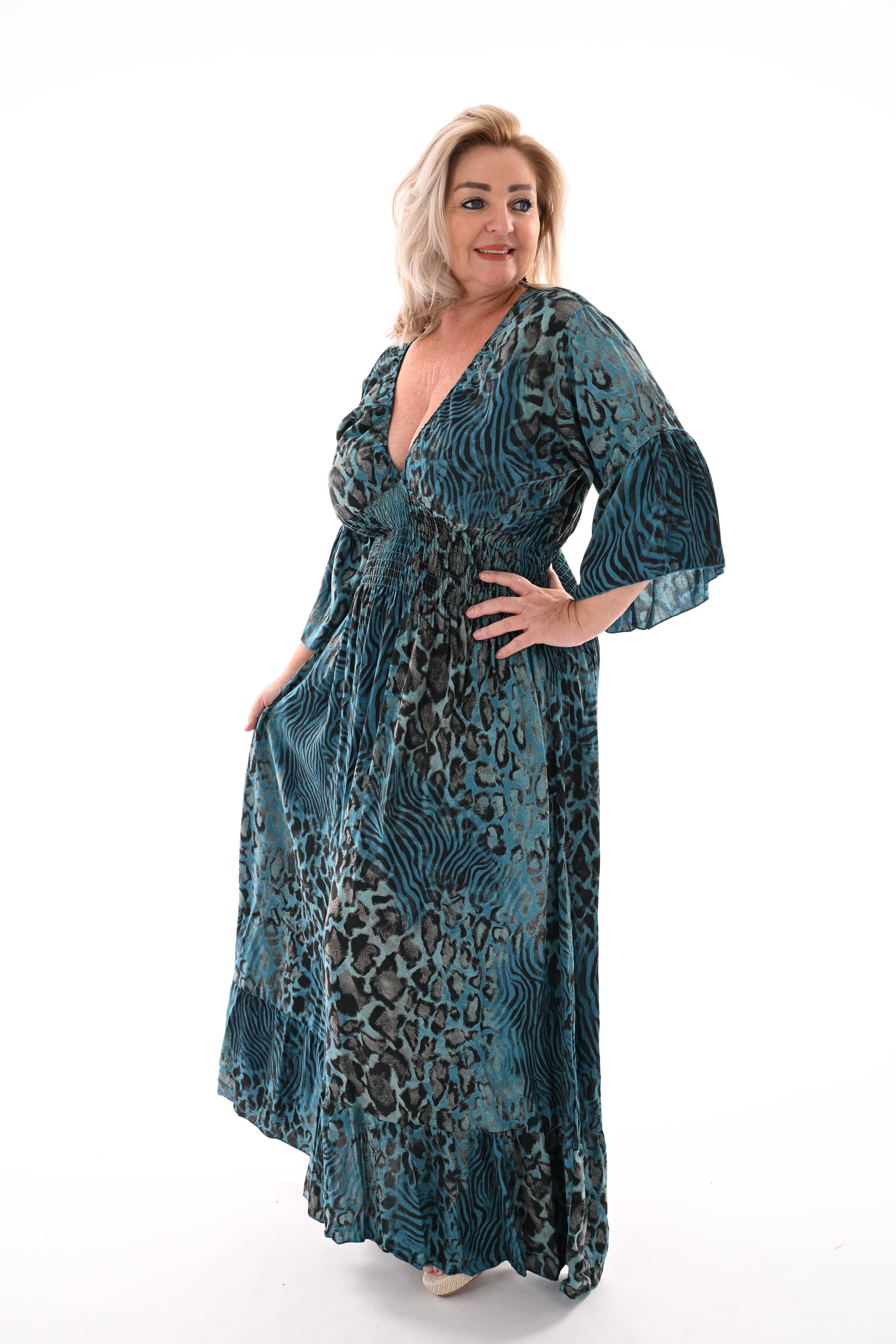 Lange jurk v-hals panterprint blauw