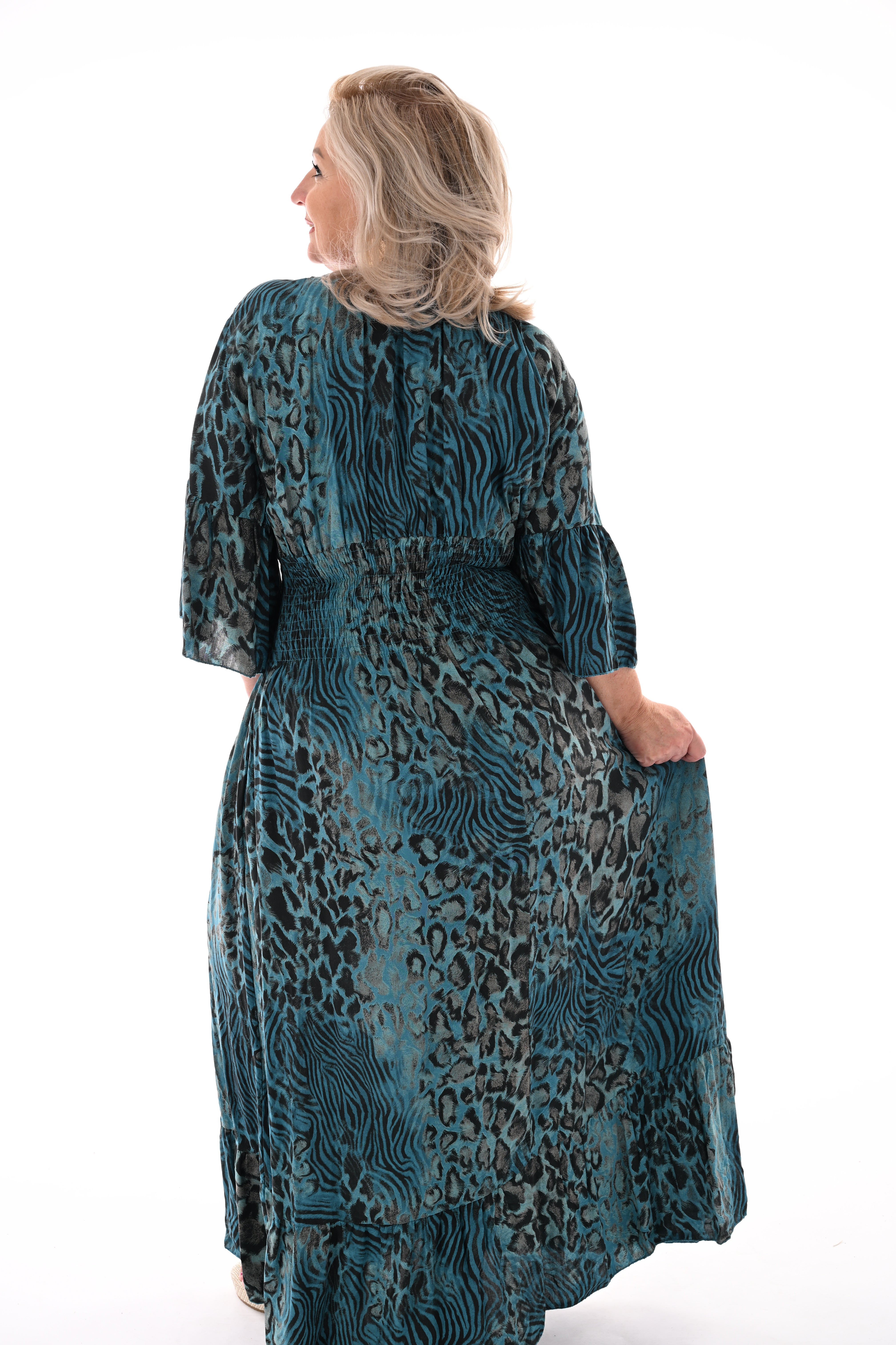 Lange jurk v-hals panterprint blauw