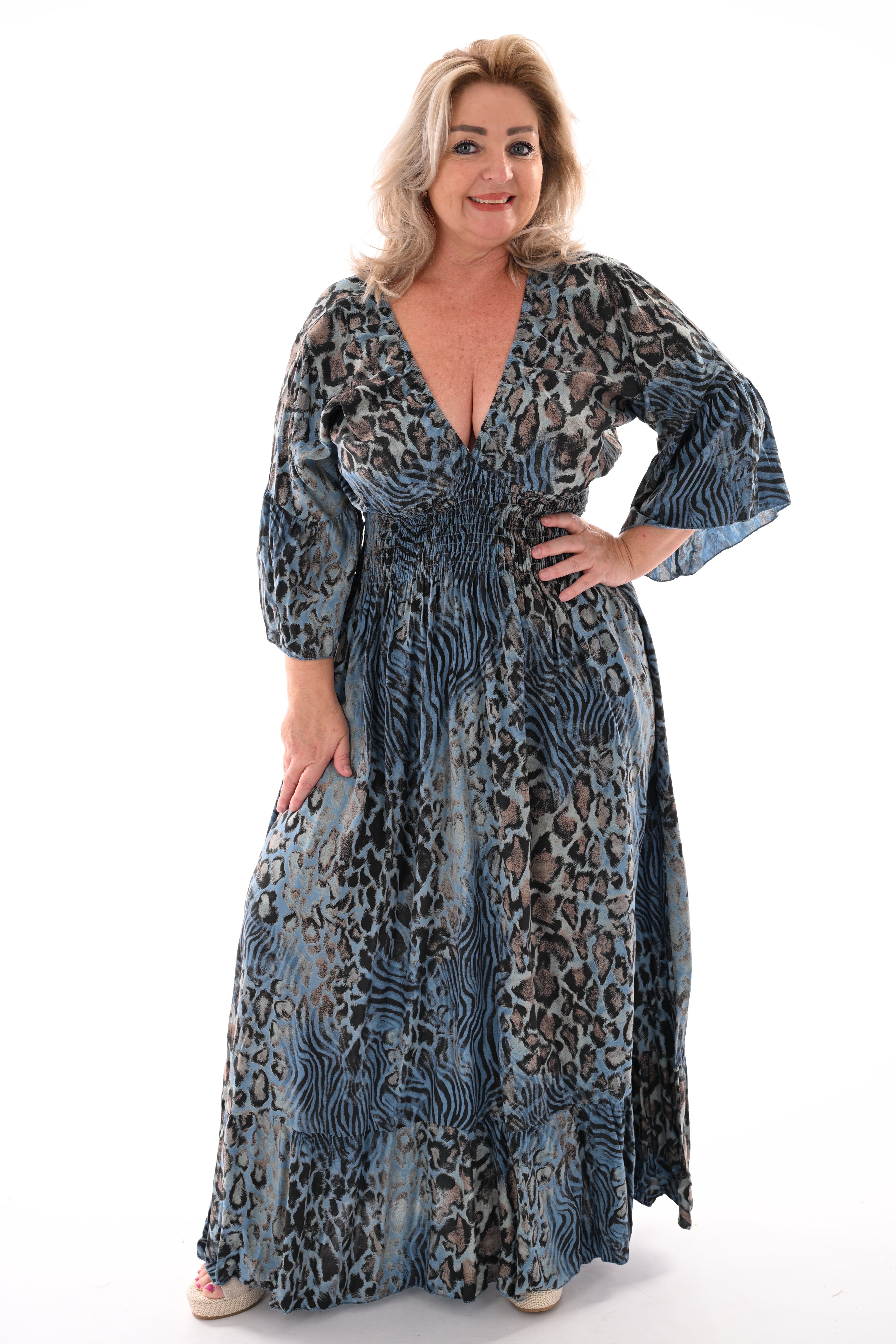 Lange jurk v-hals panterprint jeansblauw