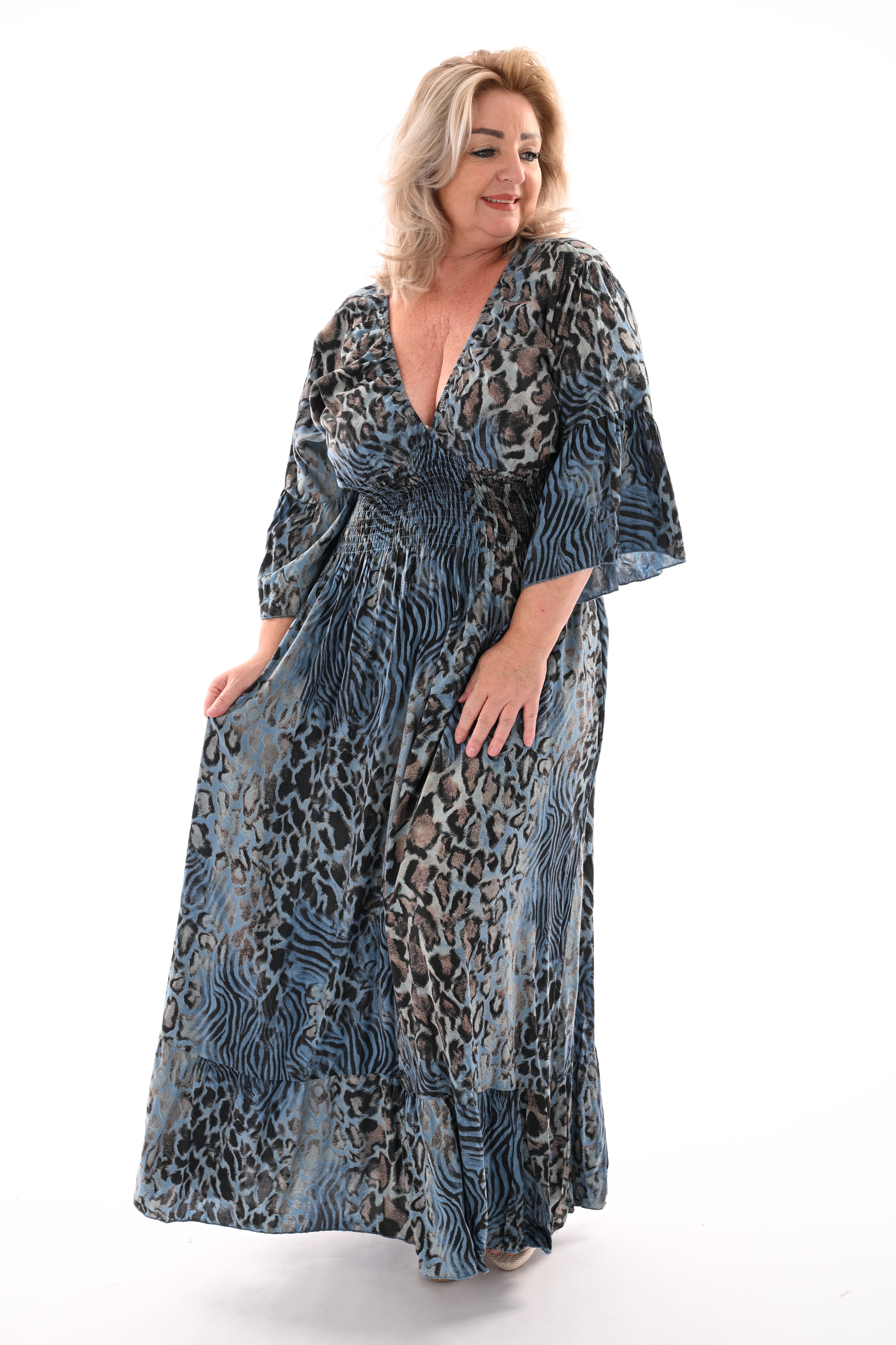 Lange jurk v-hals panterprint jeansblauw