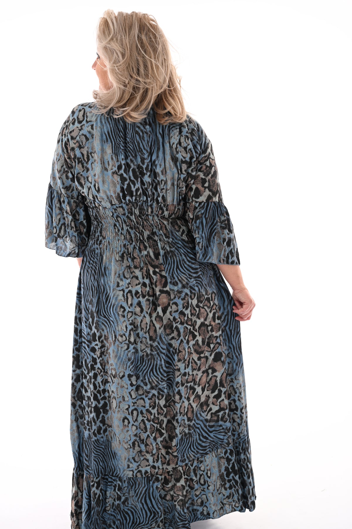 Lange jurk v-hals panterprint jeansblauw