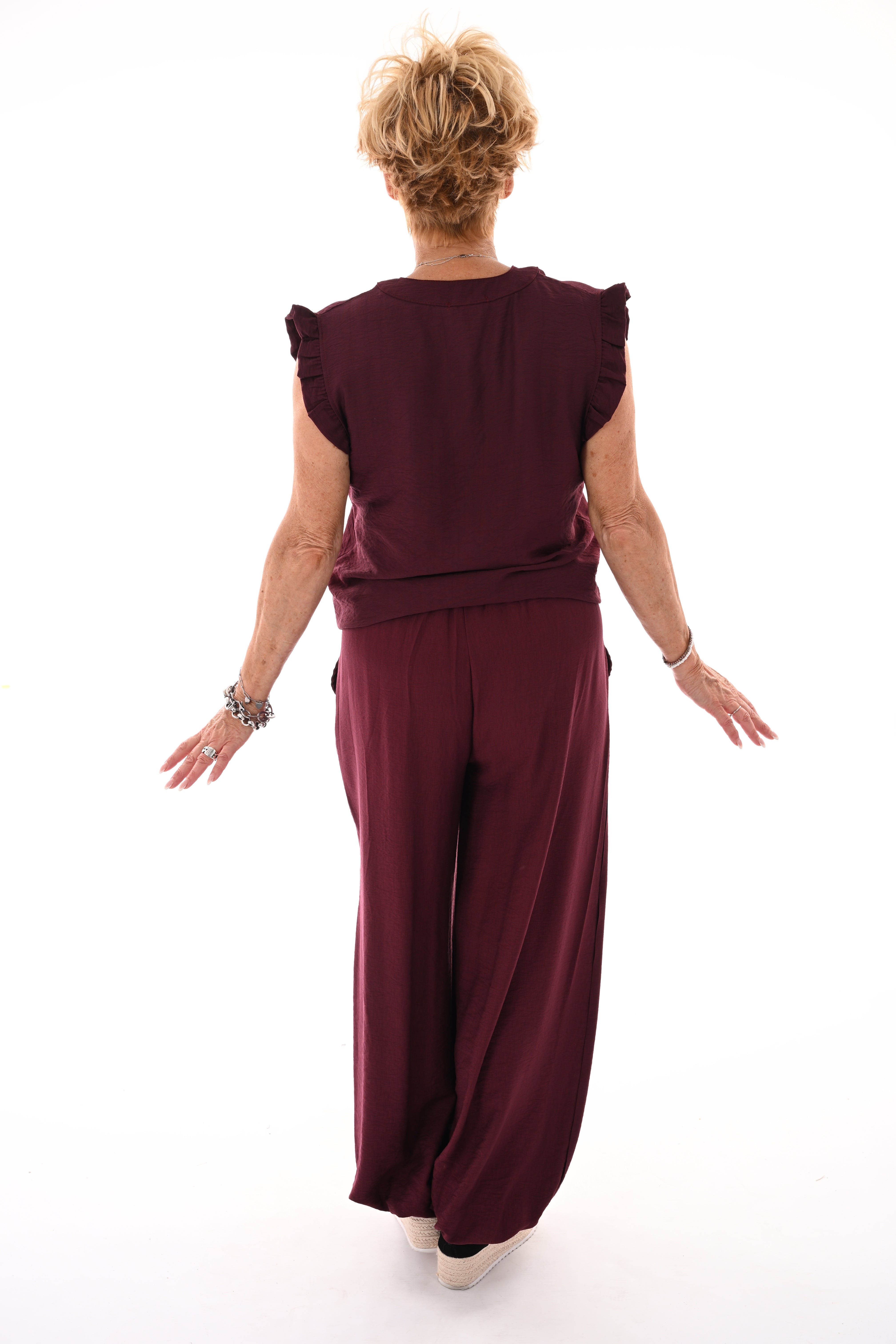 Tweedelig set mouwloos met knoop aubergine