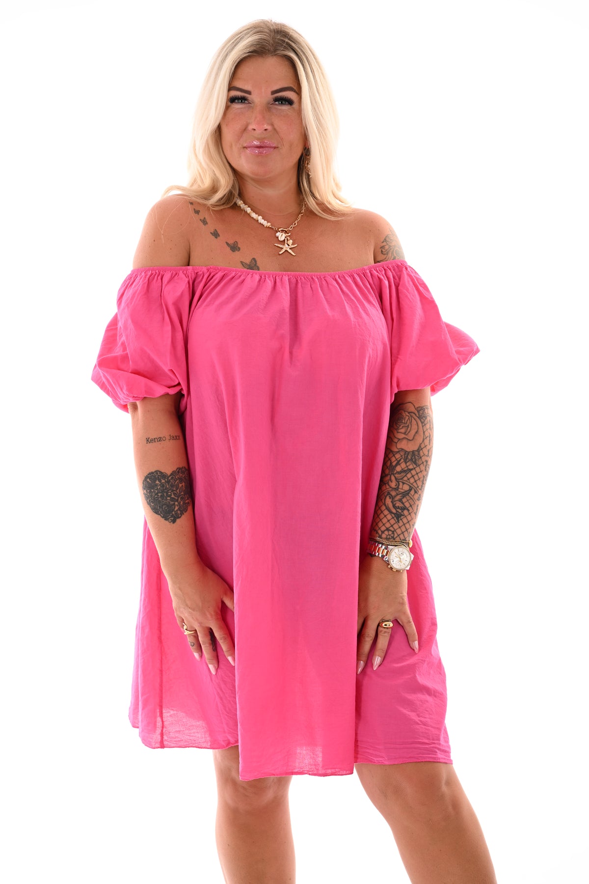 Jurk off-shoulder korte pofmouwen uni fuchsia