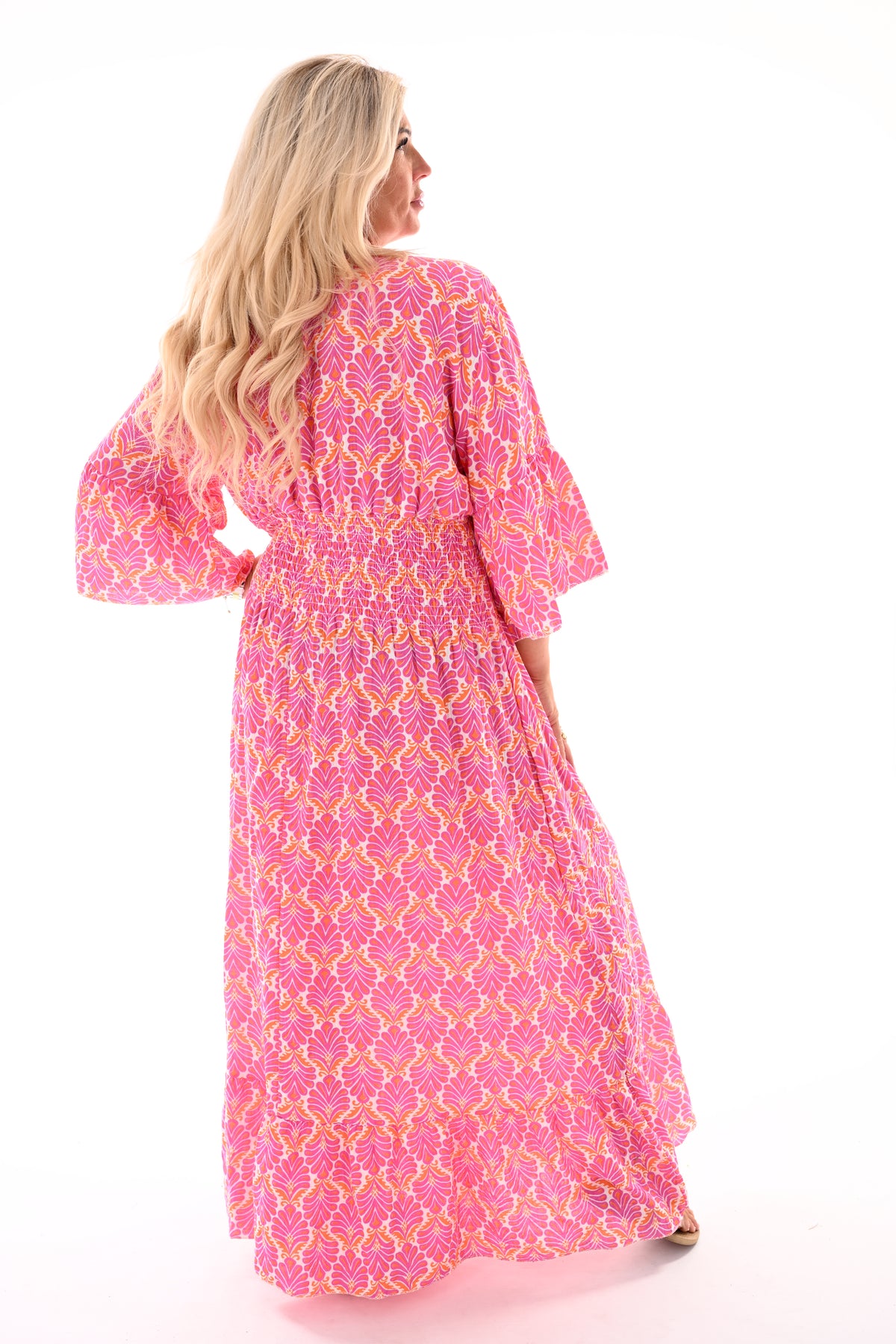Lange wafeljurk v-hals trompetmouwen barok fuchsia