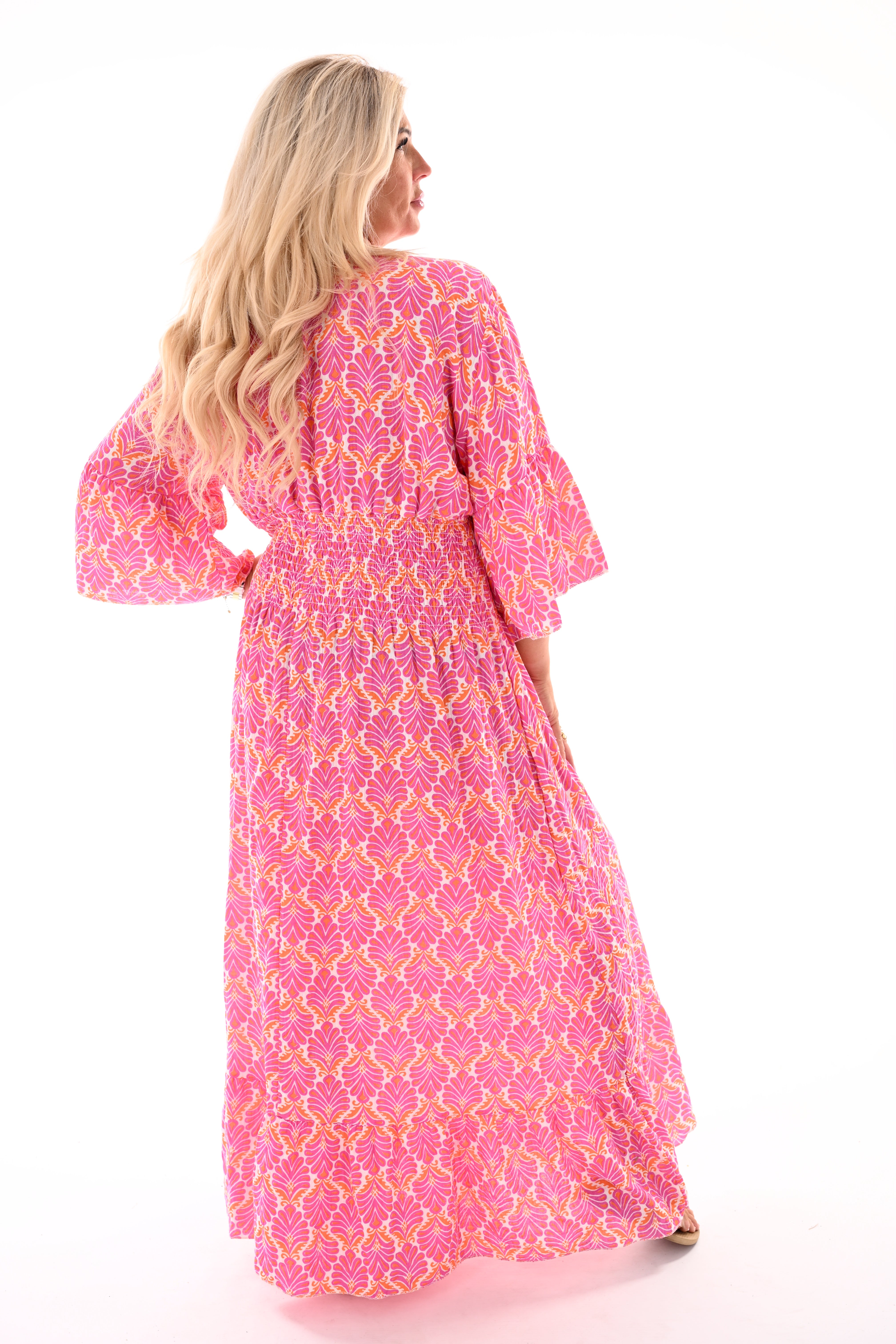 Lange wafeljurk v-hals trompetmouwen barok fuchsia
