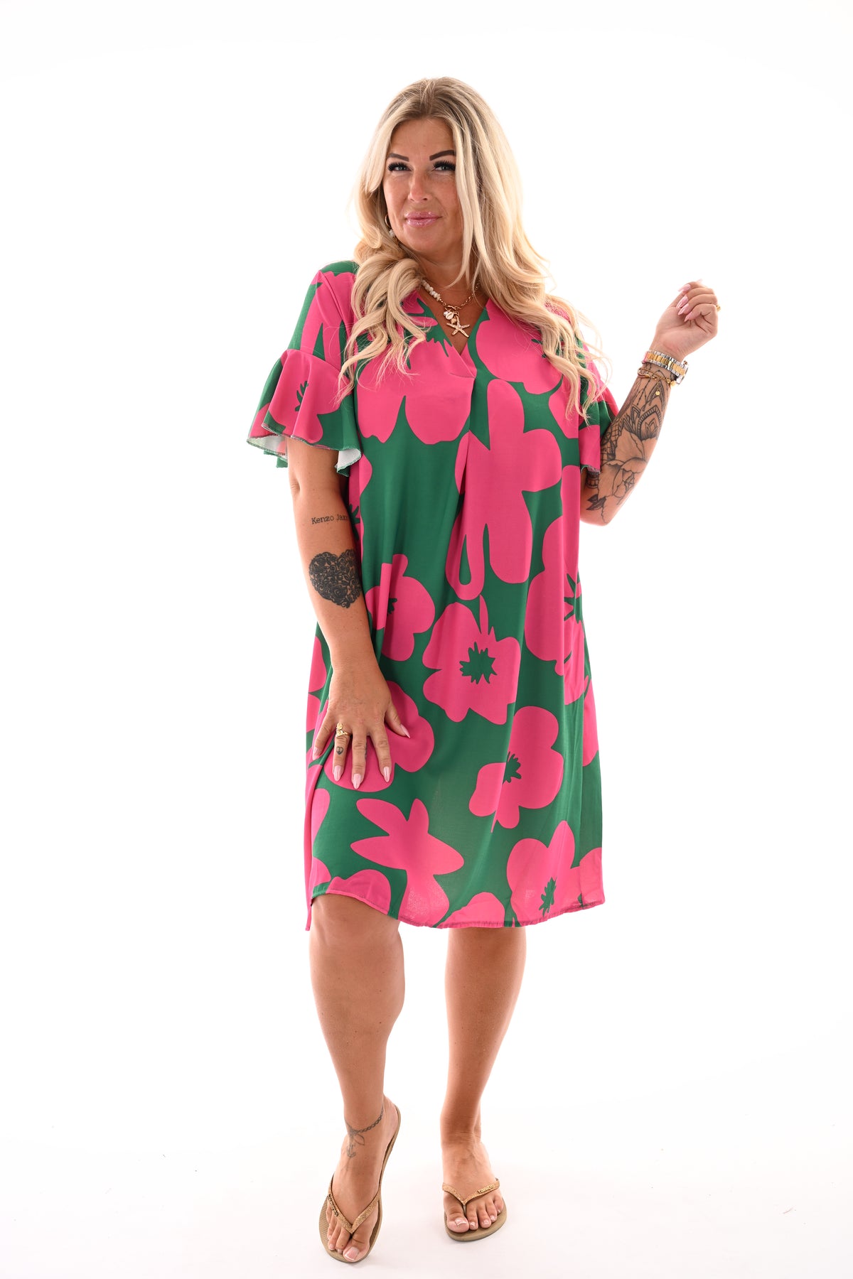 Jurk v-hals korte roezelmouwen print bloemen roze/groen
