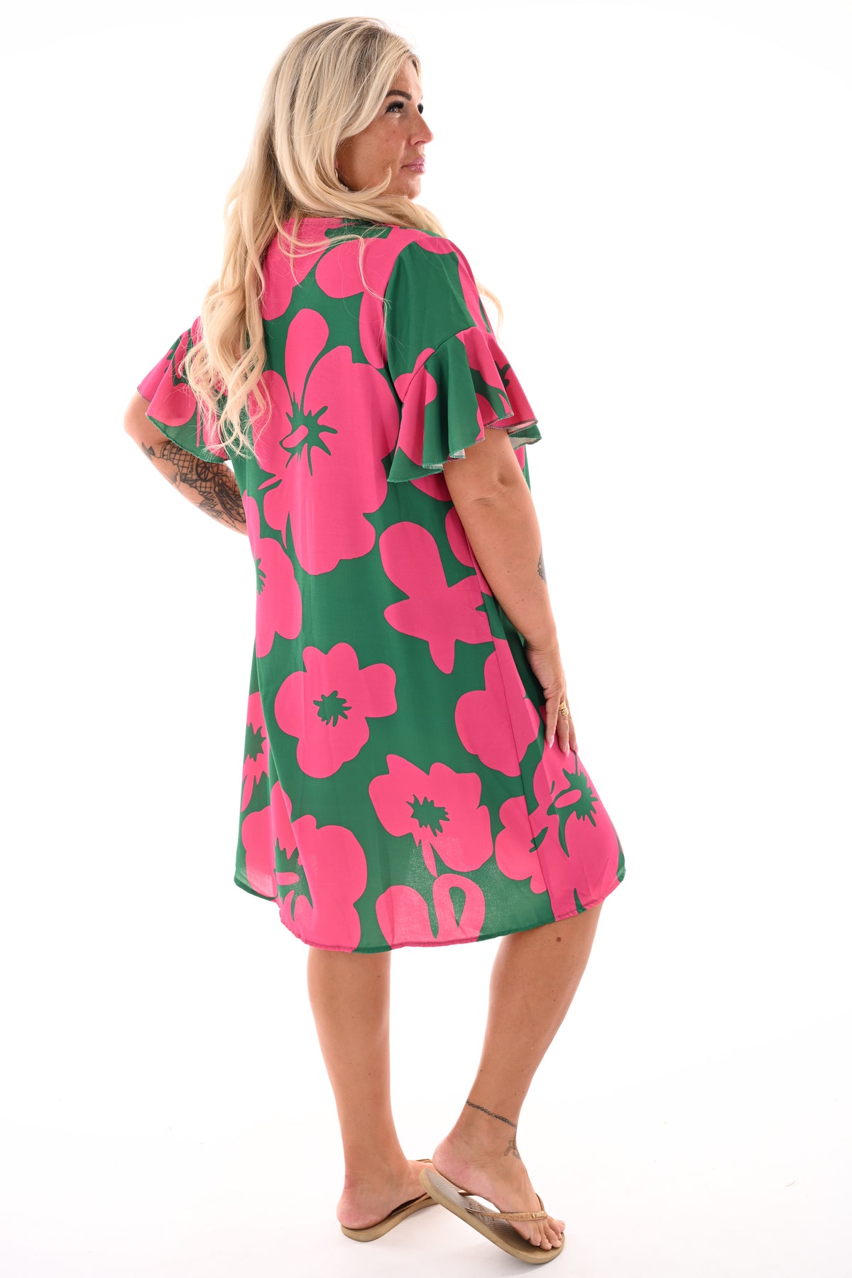 Jurk v-hals korte roezelmouwen print bloemen roze/groen