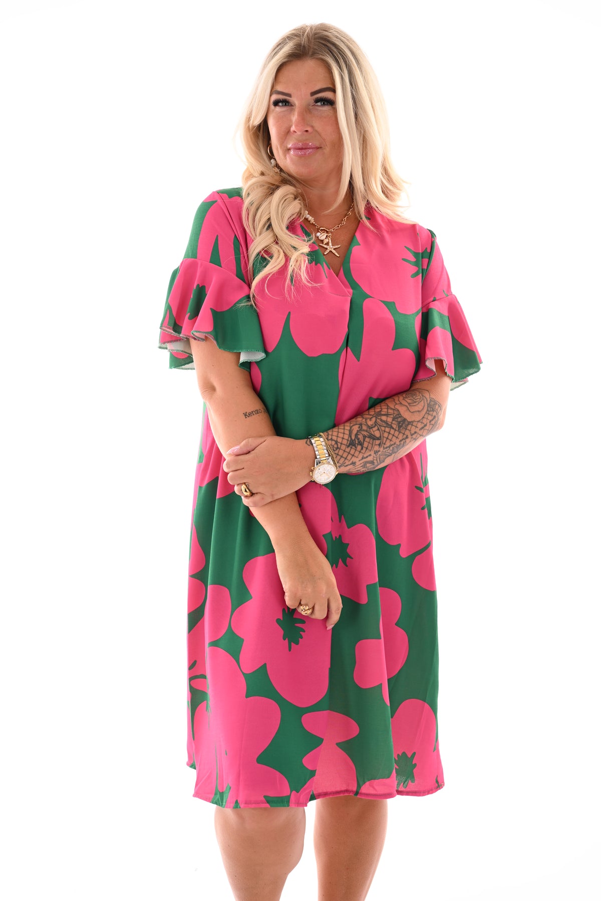 Jurk v-hals korte roezelmouwen print bloemen roze/groen