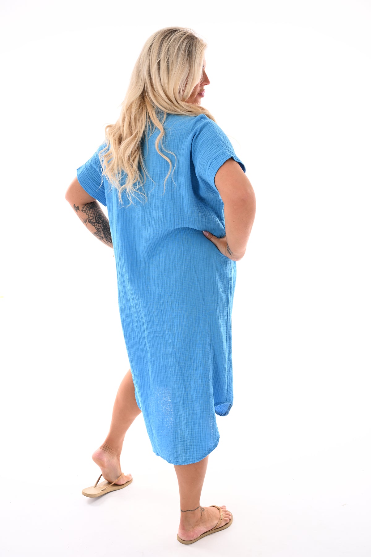 Lange wafel jurk v-hals uni blauw