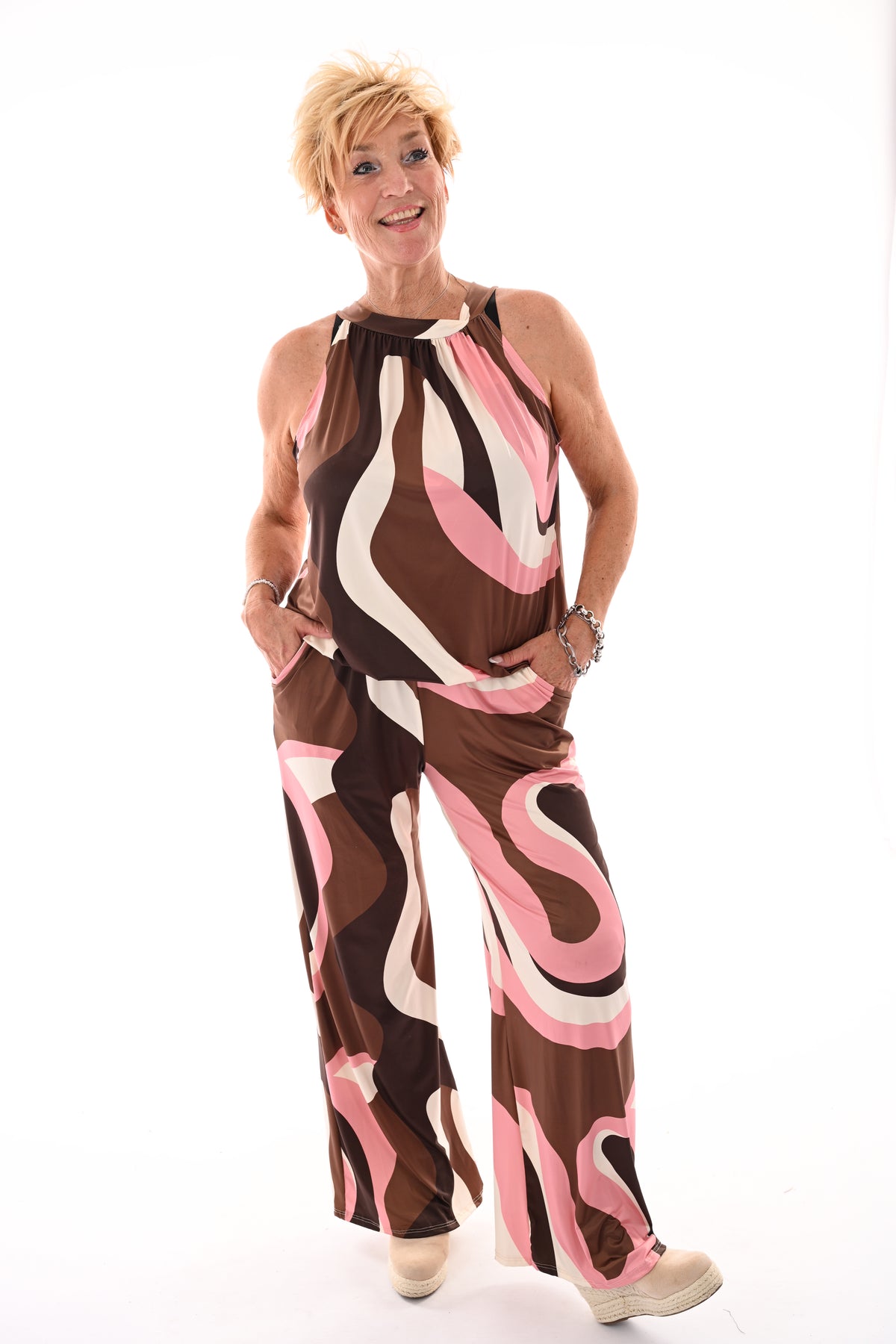Tweedelig set halter top abstract donkerbruin