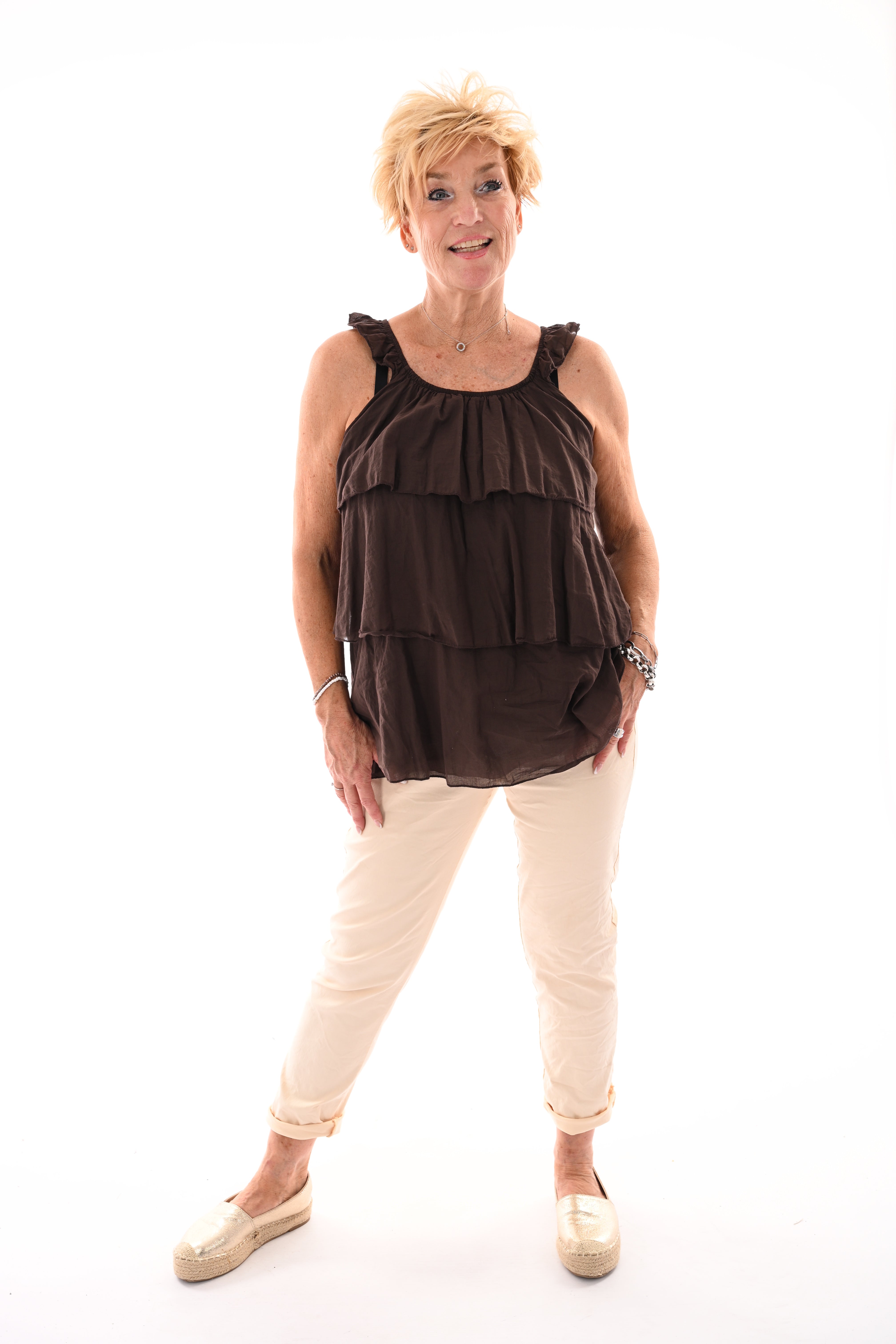 Top ruffle lagen uni donkerbruin
