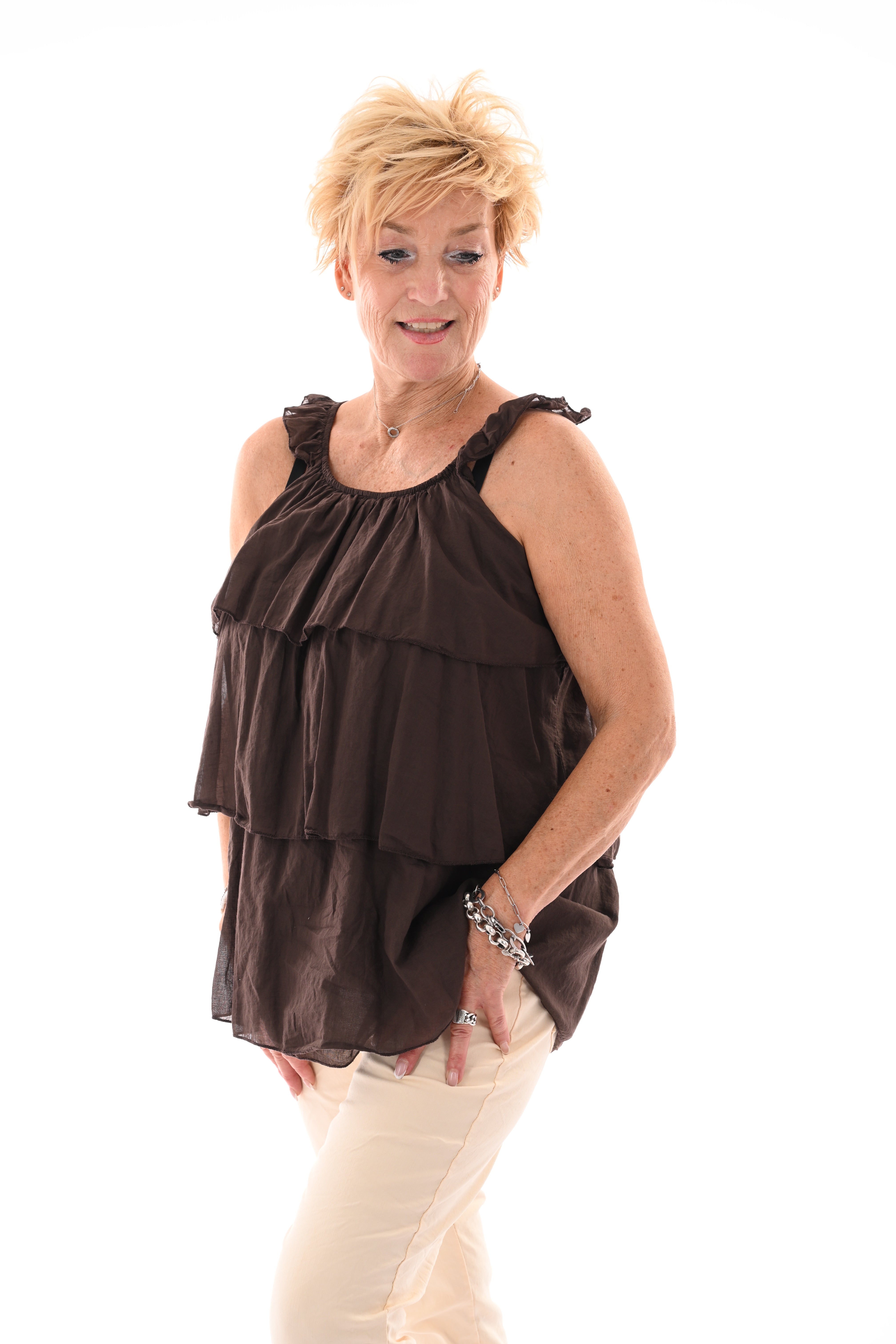 Top ruffle lagen uni donkerbruin