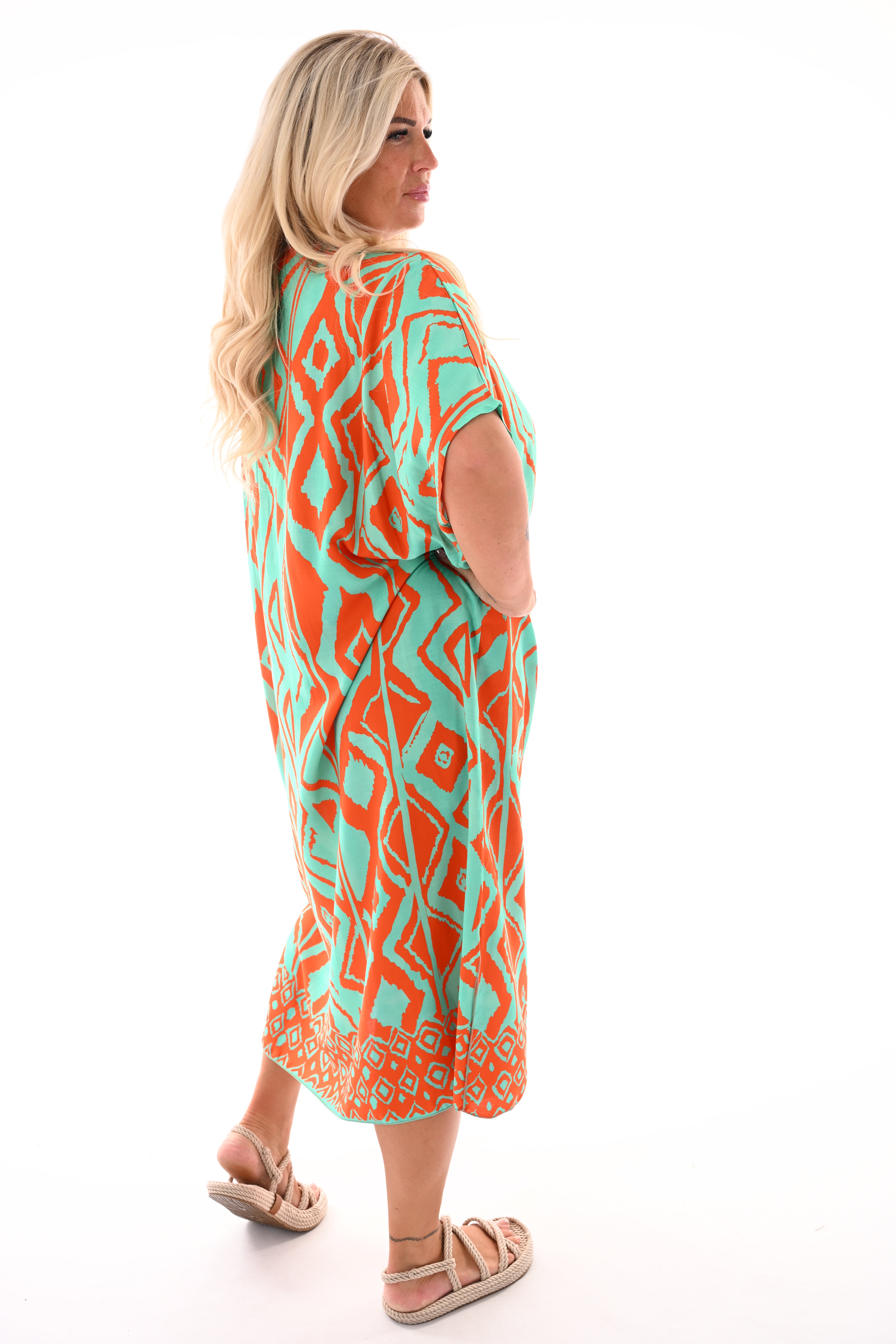 Lange jurk v-hals met ruiten turquoise/oranje