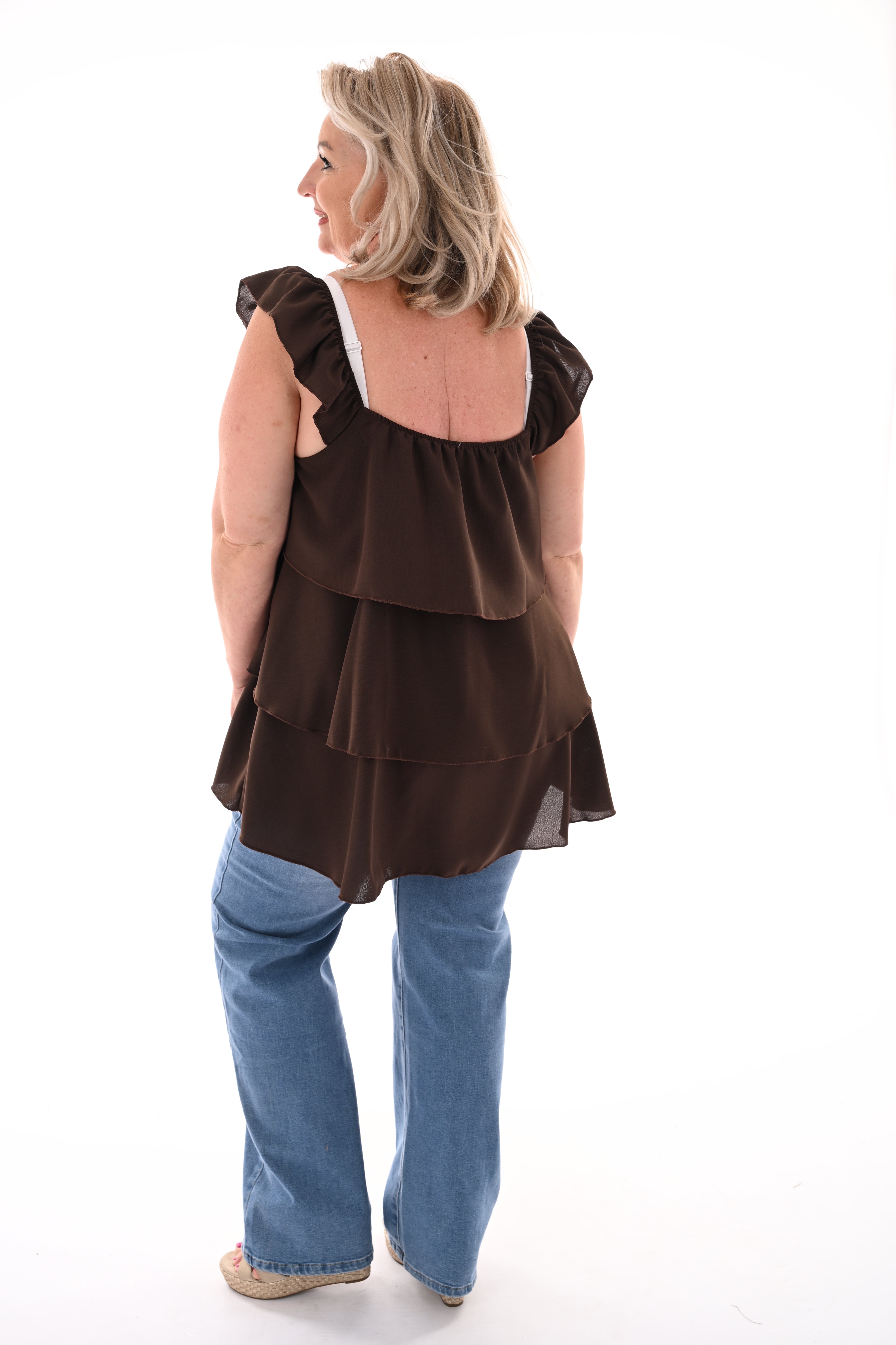 Top volant lagen uni donkerbruin