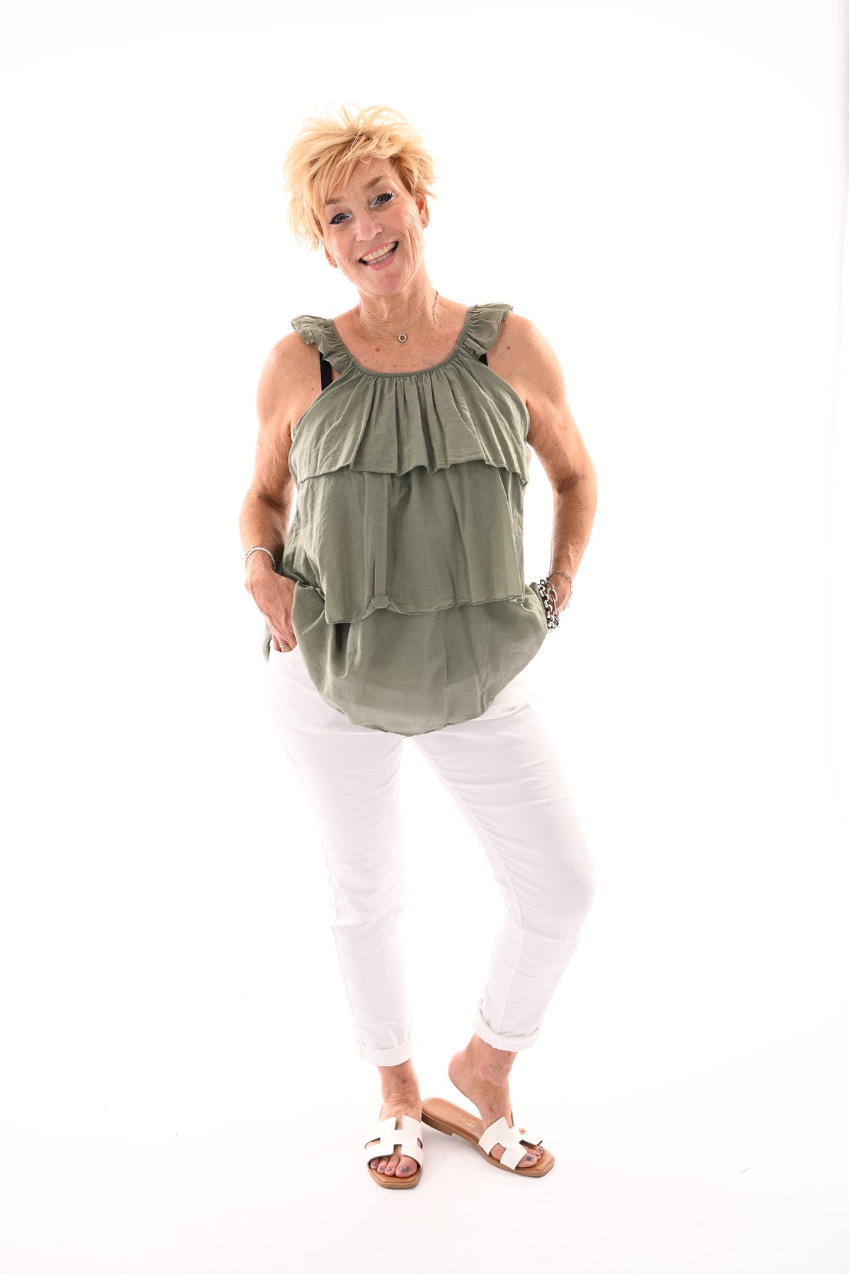 Top ruffle lagen uni legergroen
