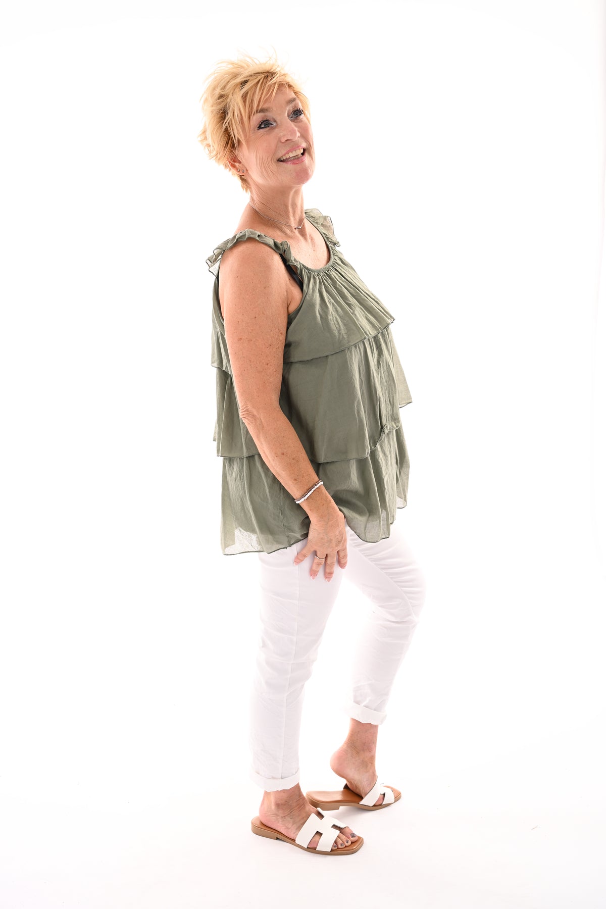 Top ruffle lagen uni legergroen
