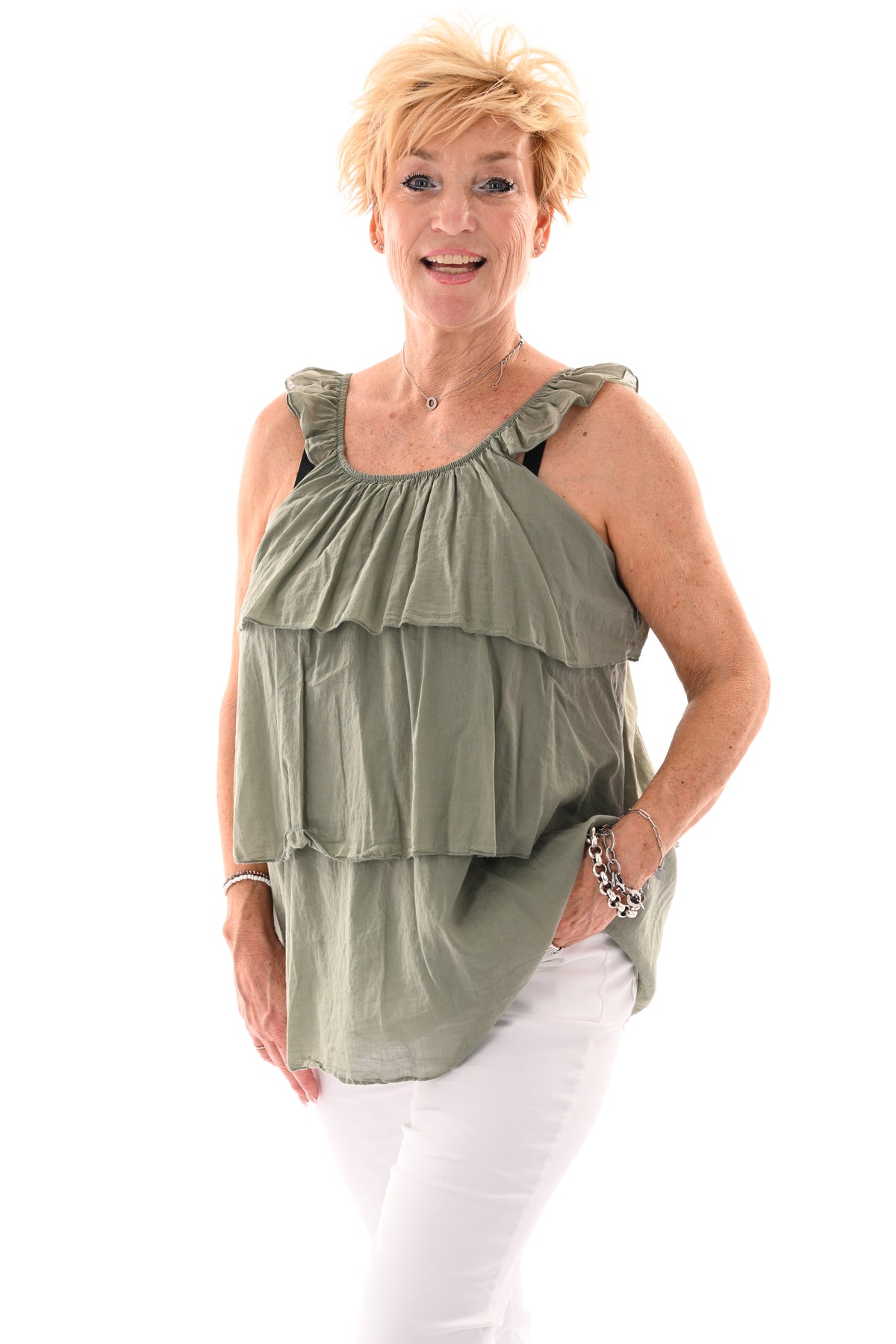 Top ruffle lagen uni legergroen