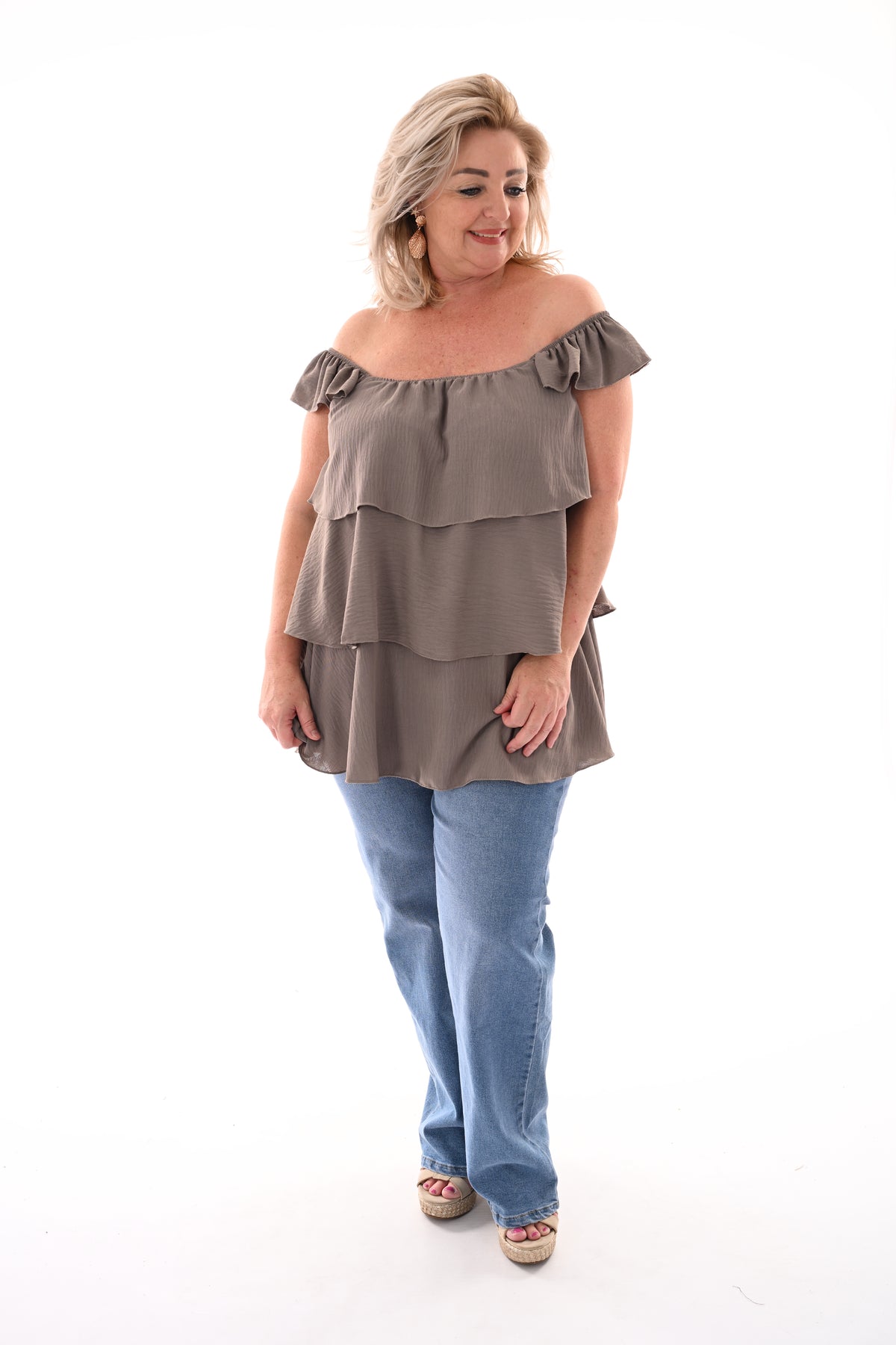 Top volant lagen uni taupe