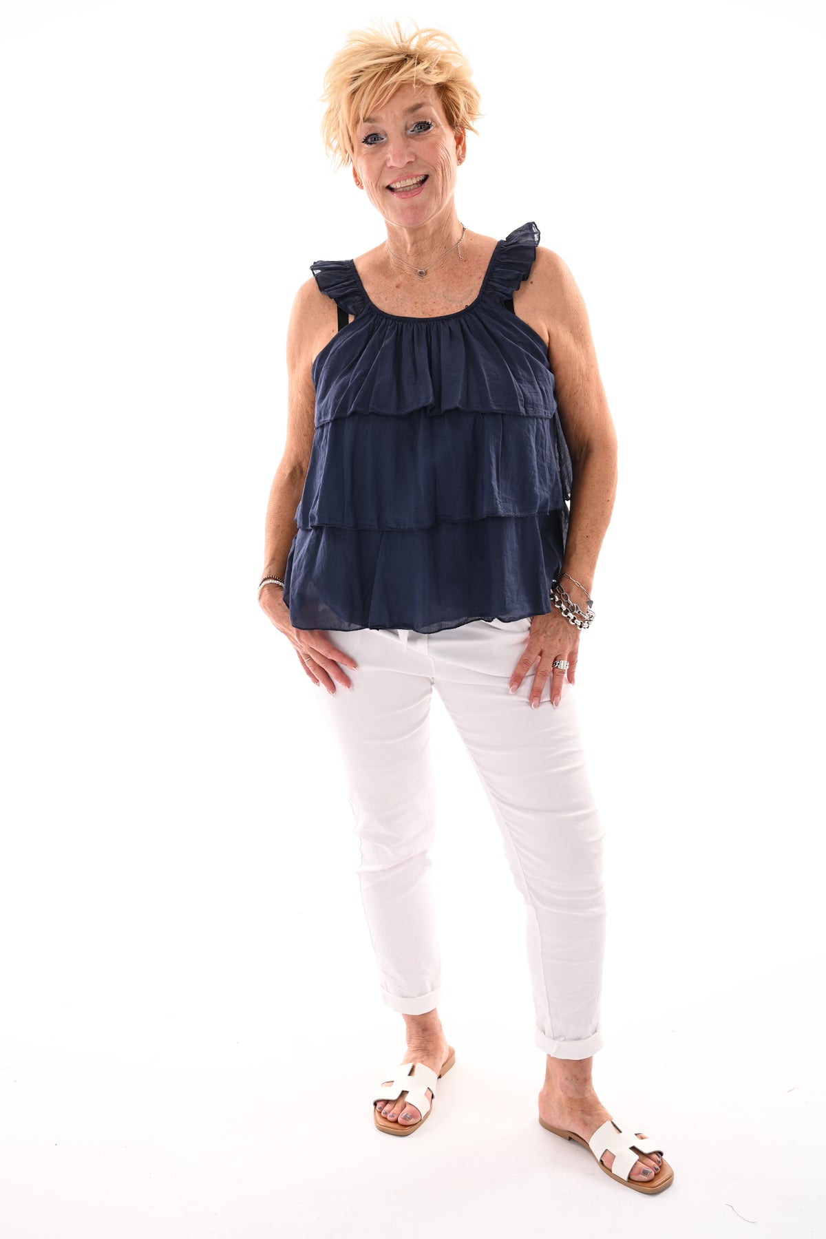 Top ruffle lagen uni marineblauw