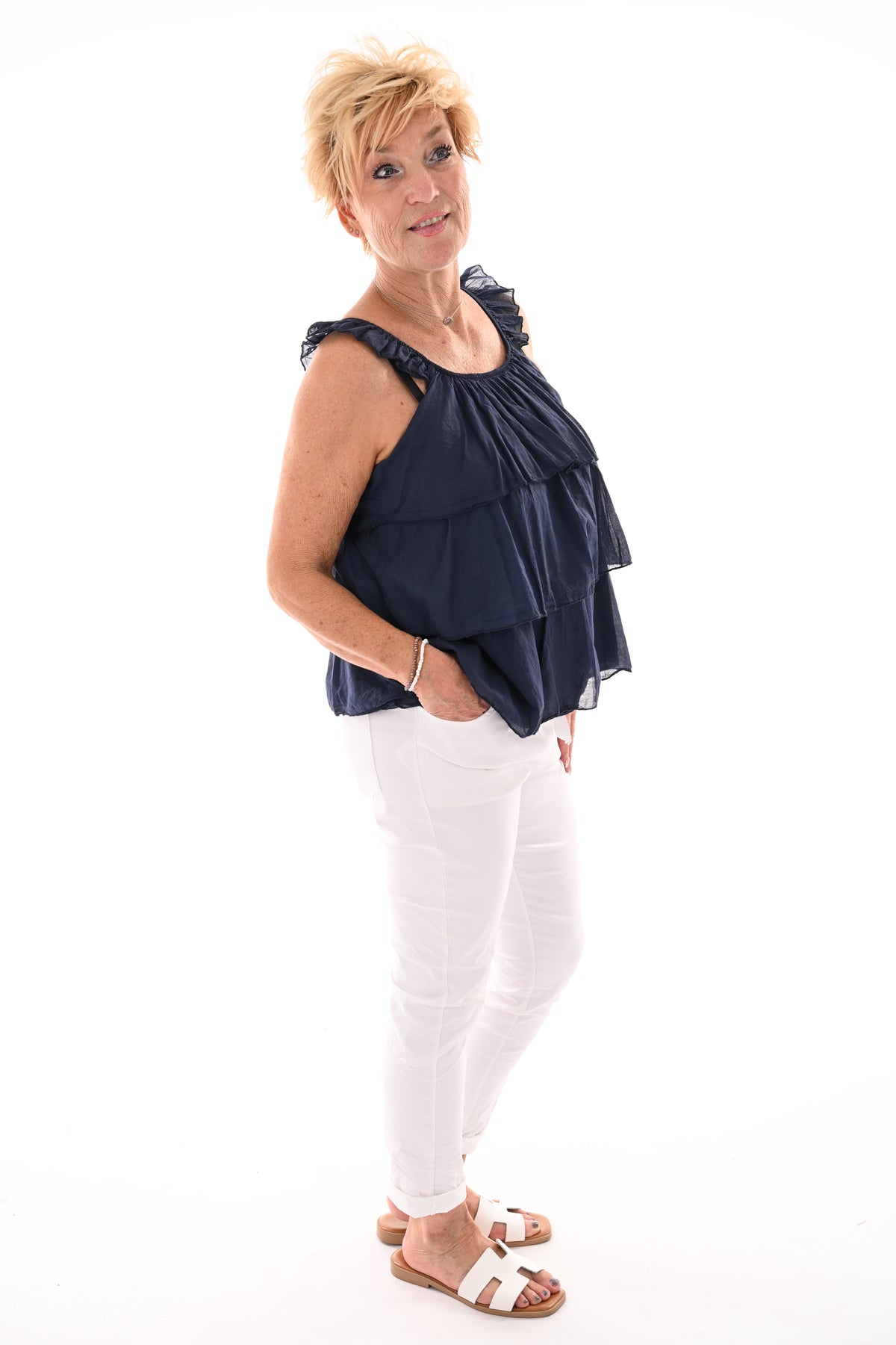Top ruffle lagen uni marineblauw