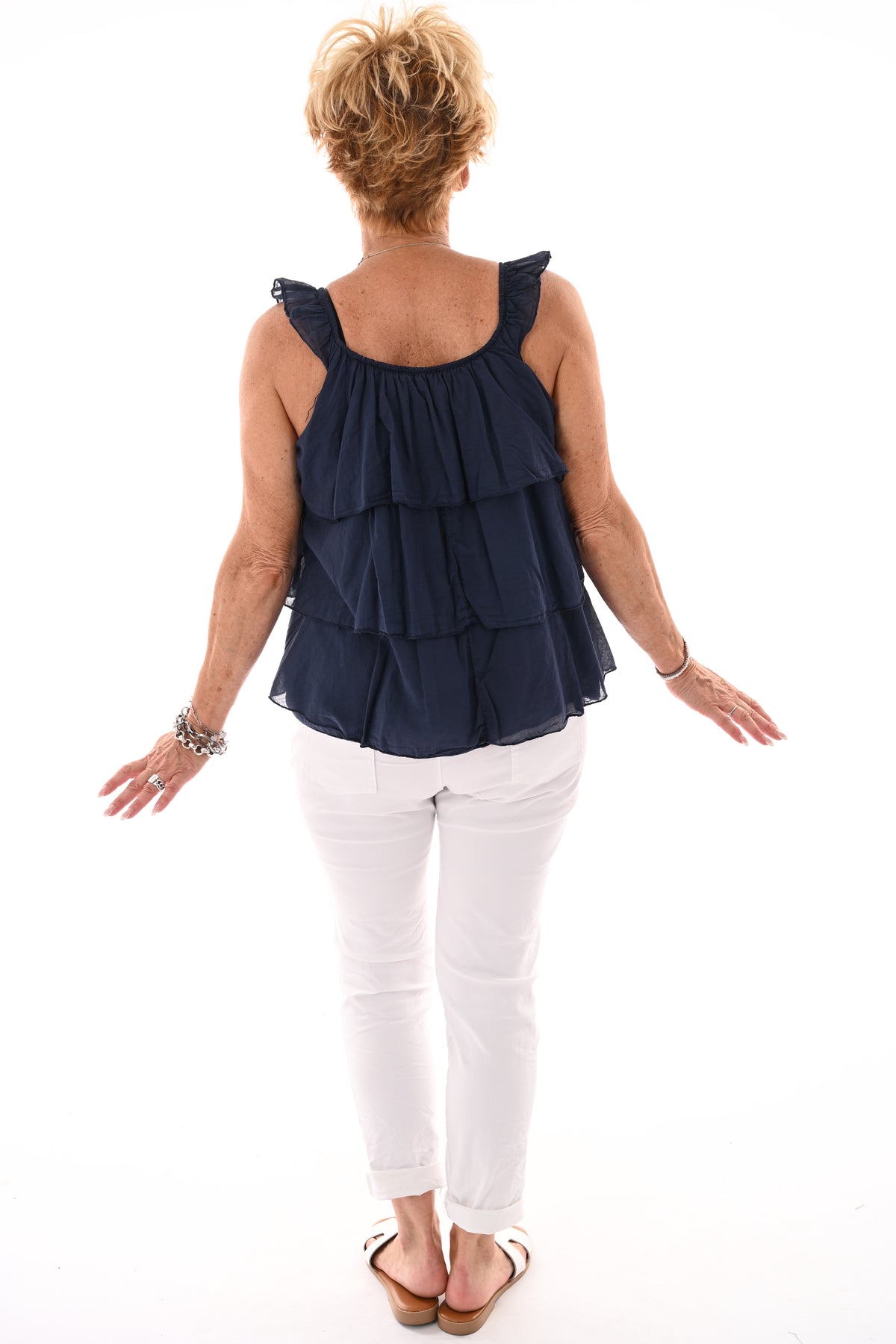 Top ruffle lagen uni marineblauw