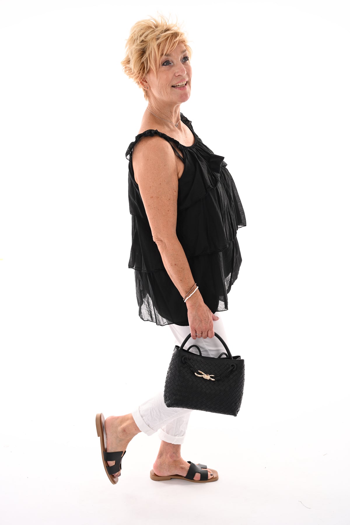 Top ruffle lagen uni zwart