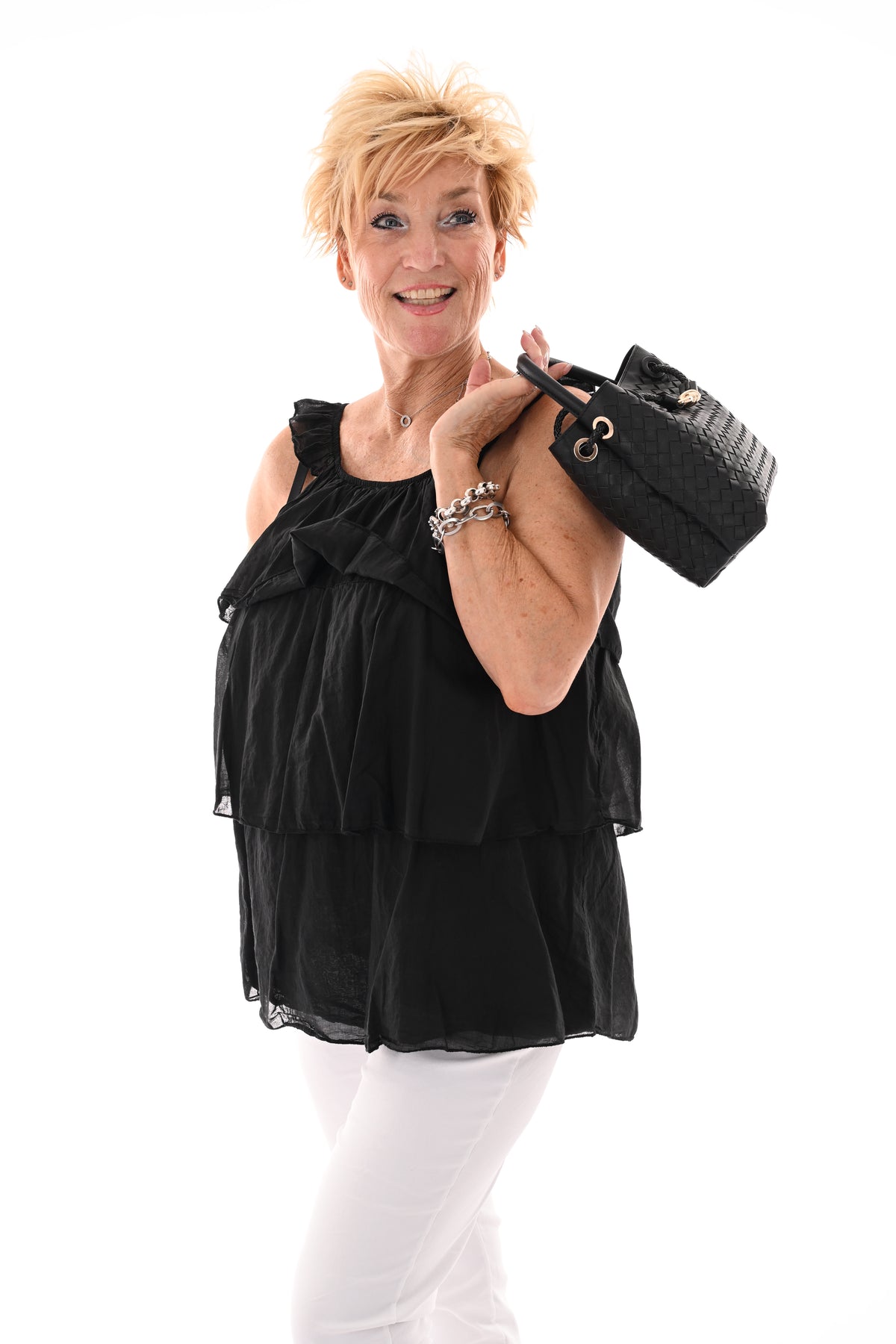 Top ruffle lagen uni zwart