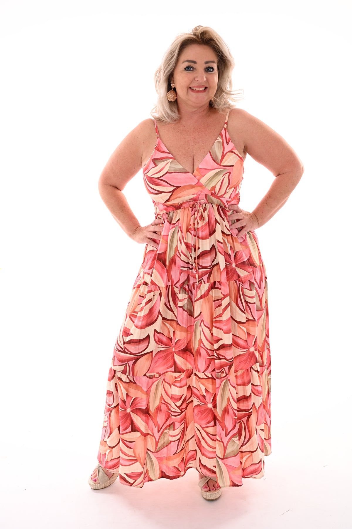 Lange jurk smalle bandjes met bloemen roze
