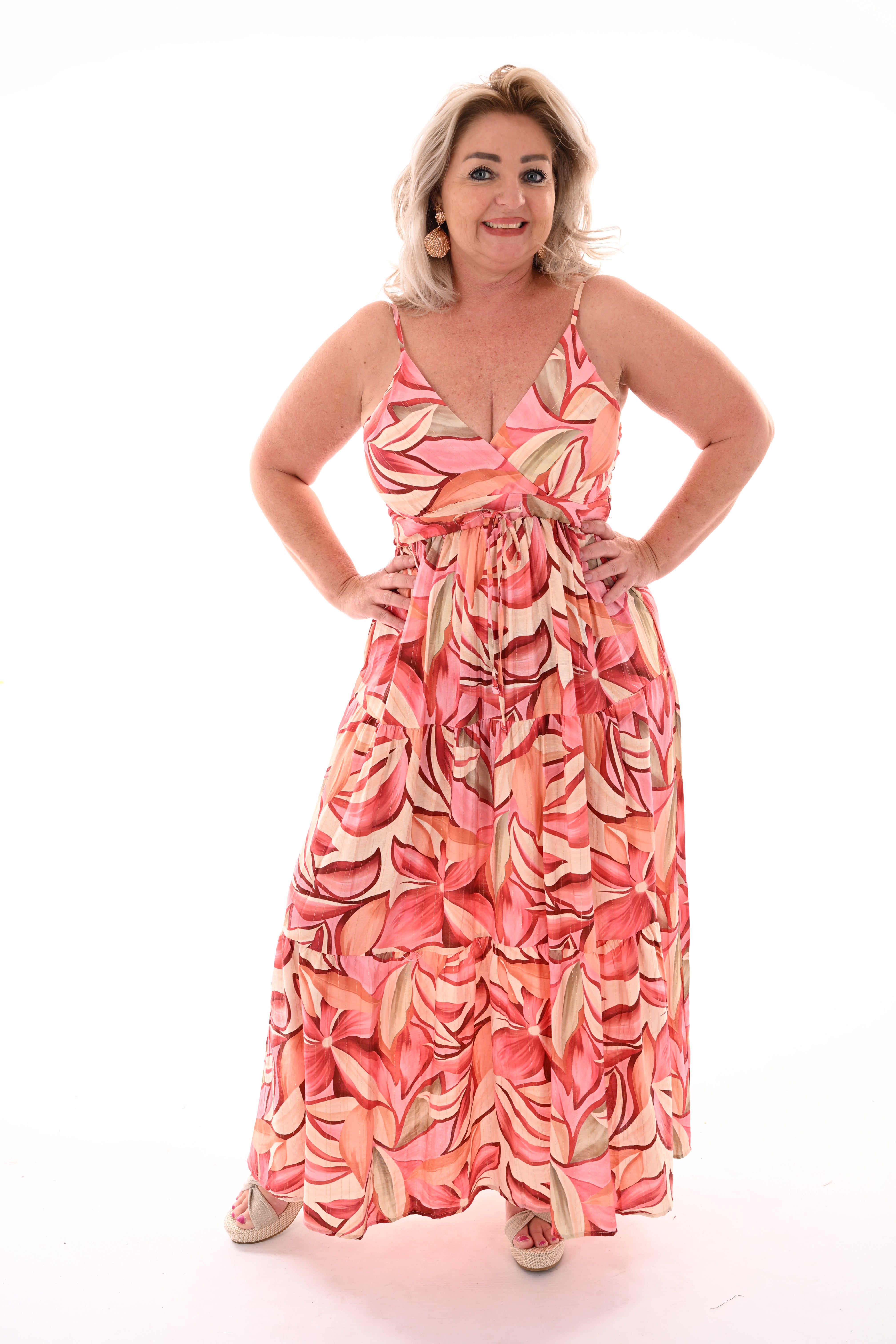 Lange jurk smalle bandjes met bloemen roze