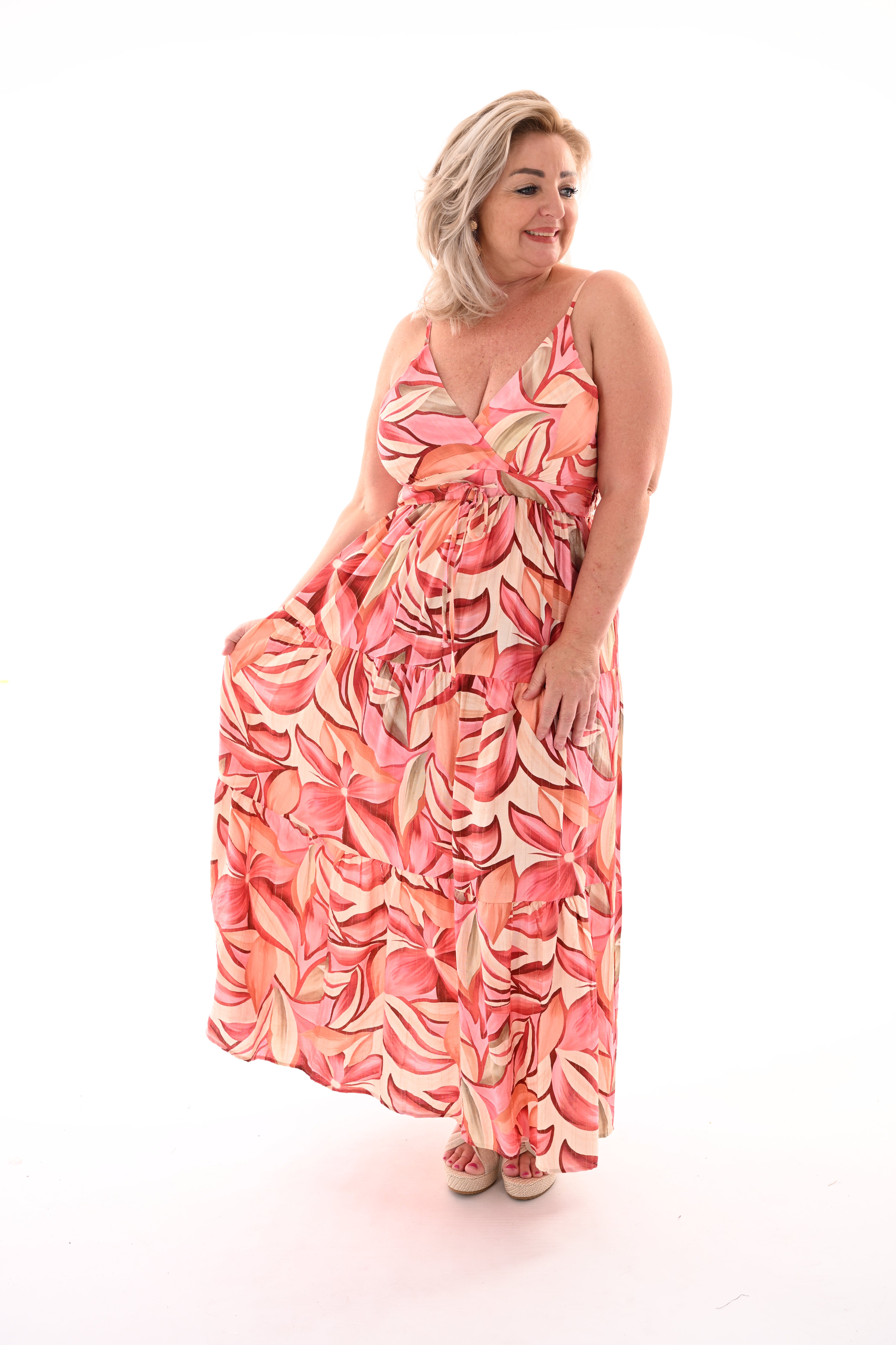Lange jurk smalle bandjes met bloemen roze