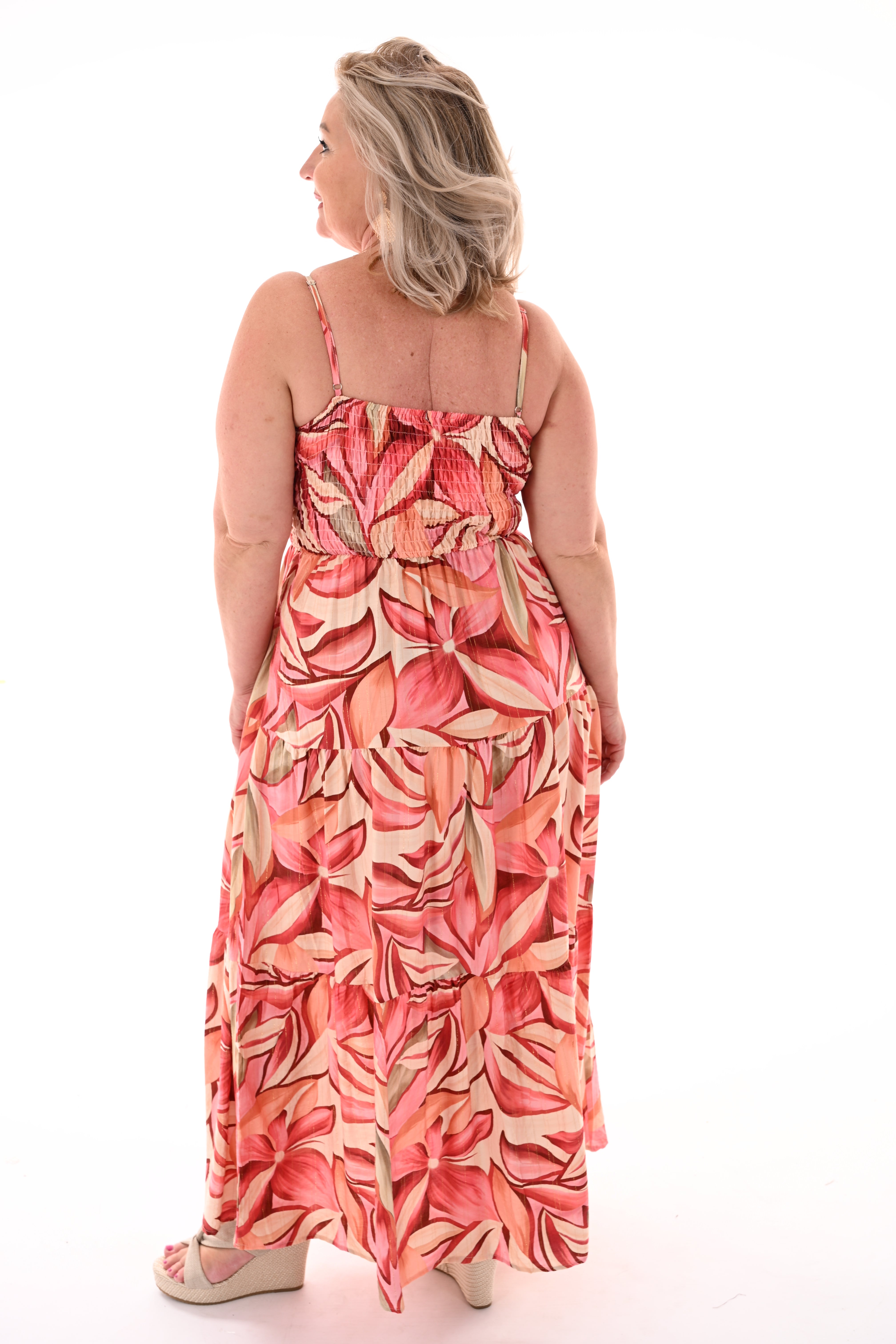 Lange jurk smalle bandjes met bloemen roze