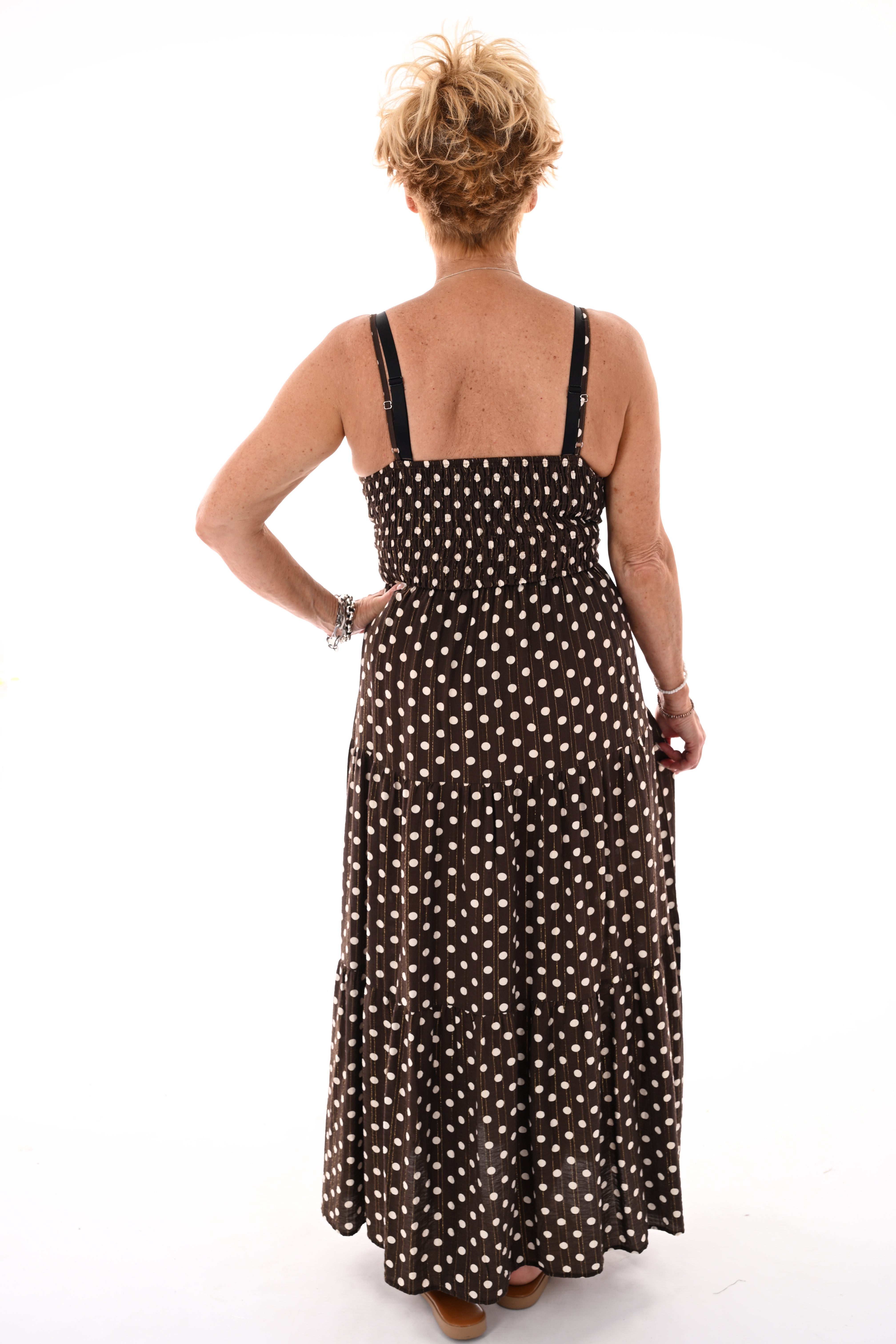 Lange jurk smalle bandjes met dots donkerbruin