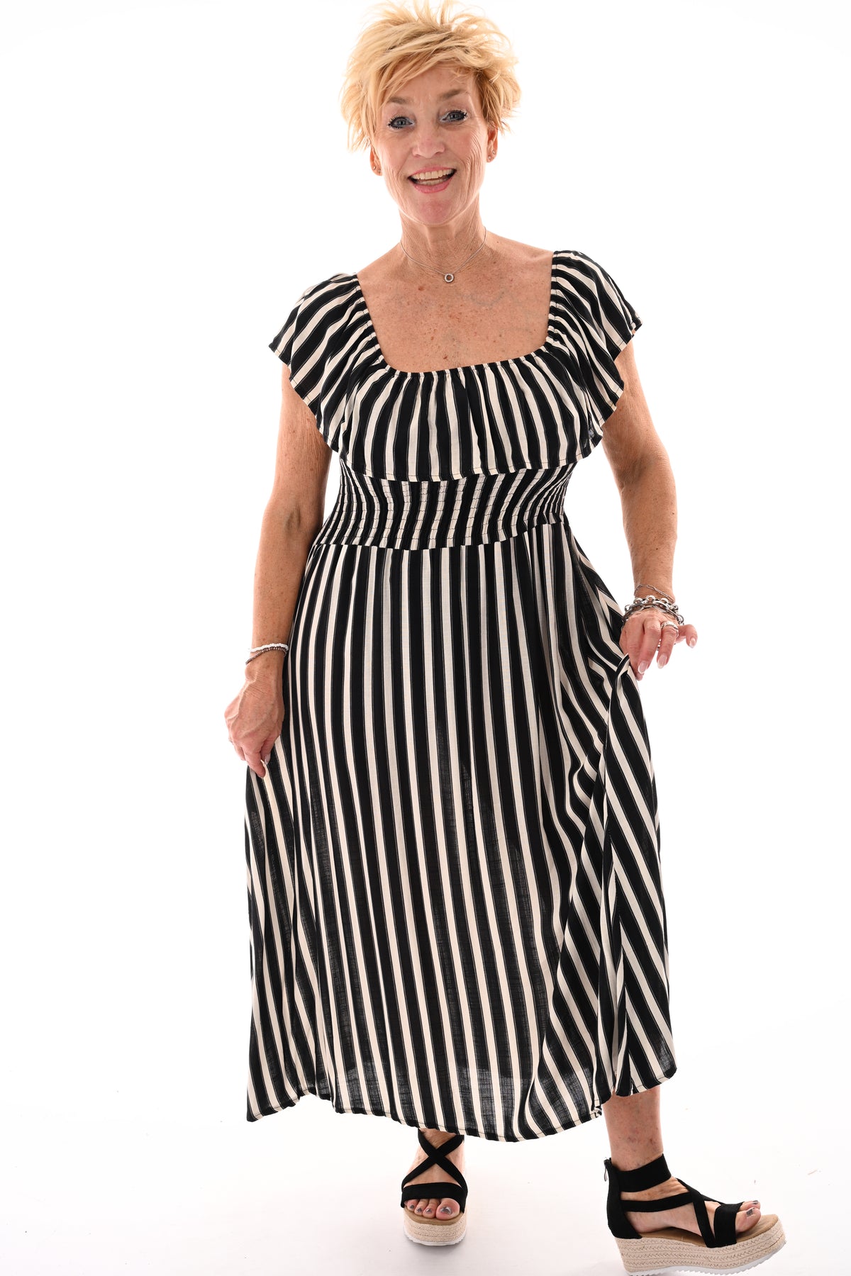 Off-shoulder jurk strepen zwart