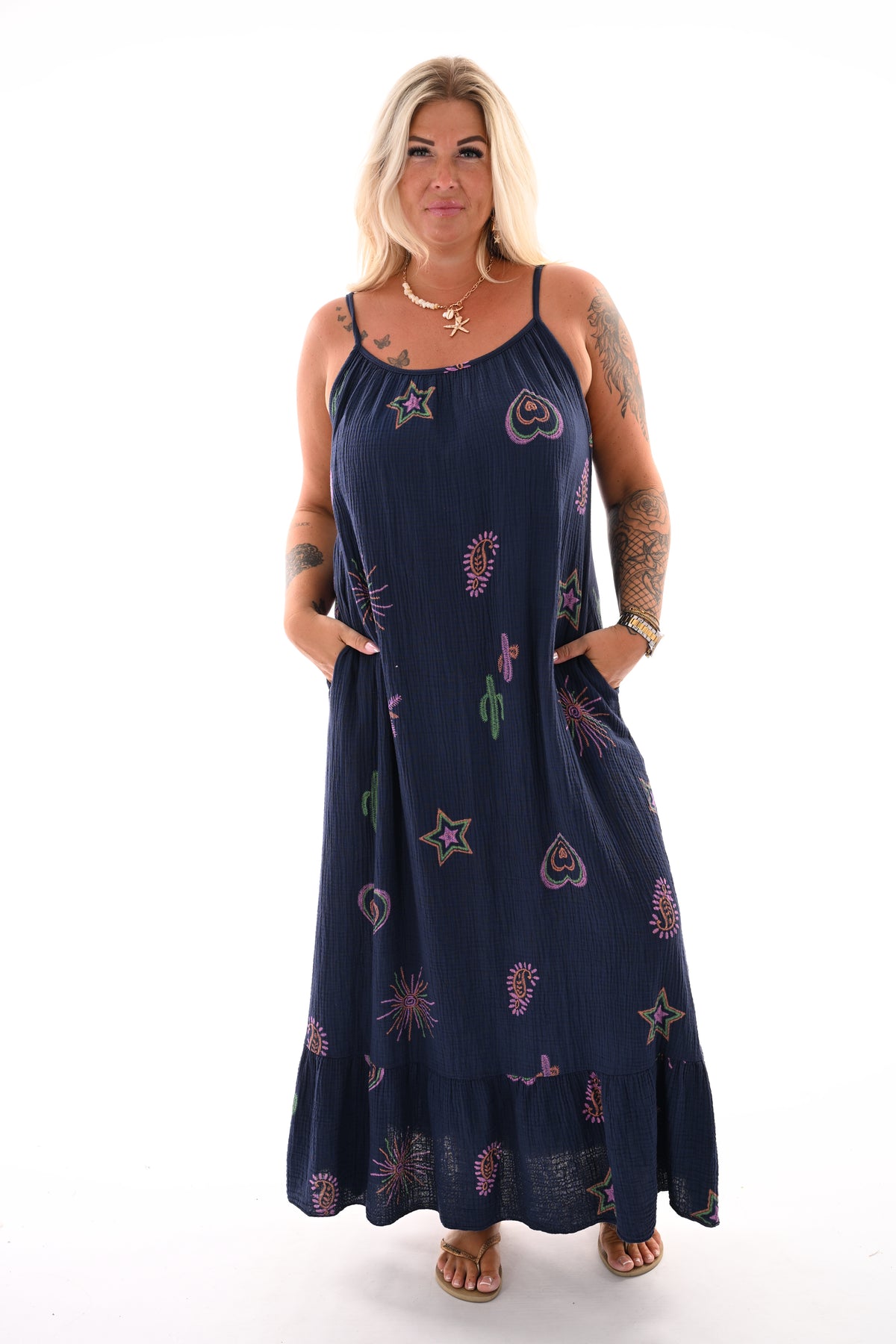 Lange wafel jurk smalle bandjes cactus marineblauw