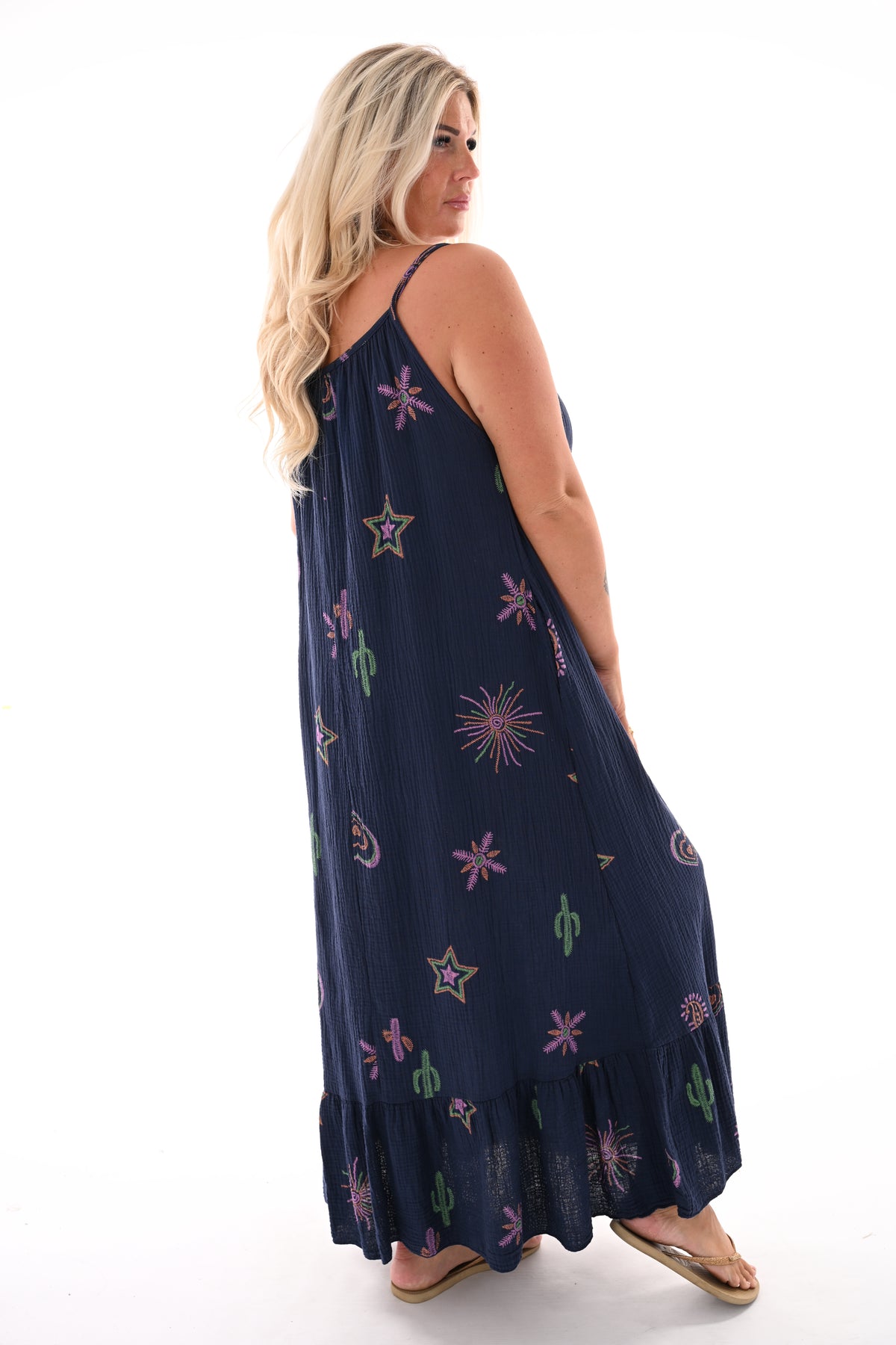 Lange wafel jurk smalle bandjes cactus marineblauw