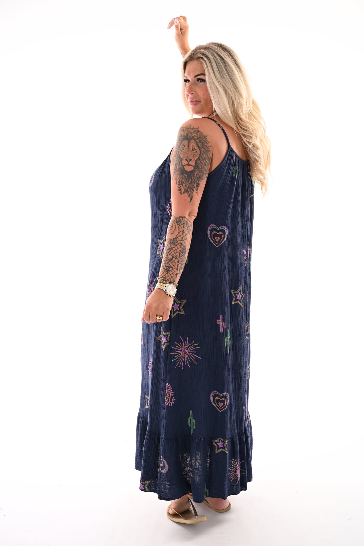 Lange wafel jurk smalle bandjes cactus marineblauw