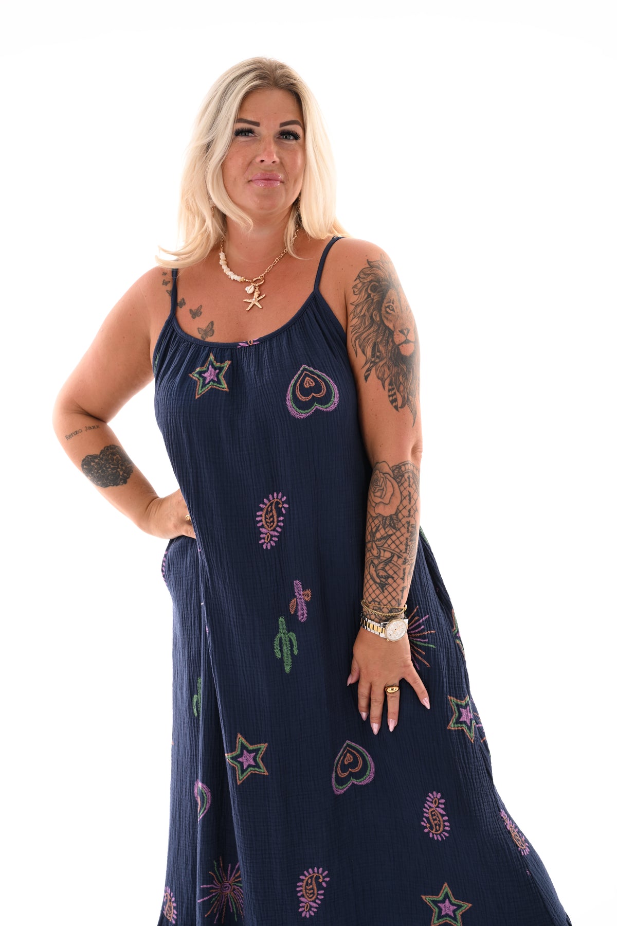 Lange wafel jurk smalle bandjes cactus marineblauw