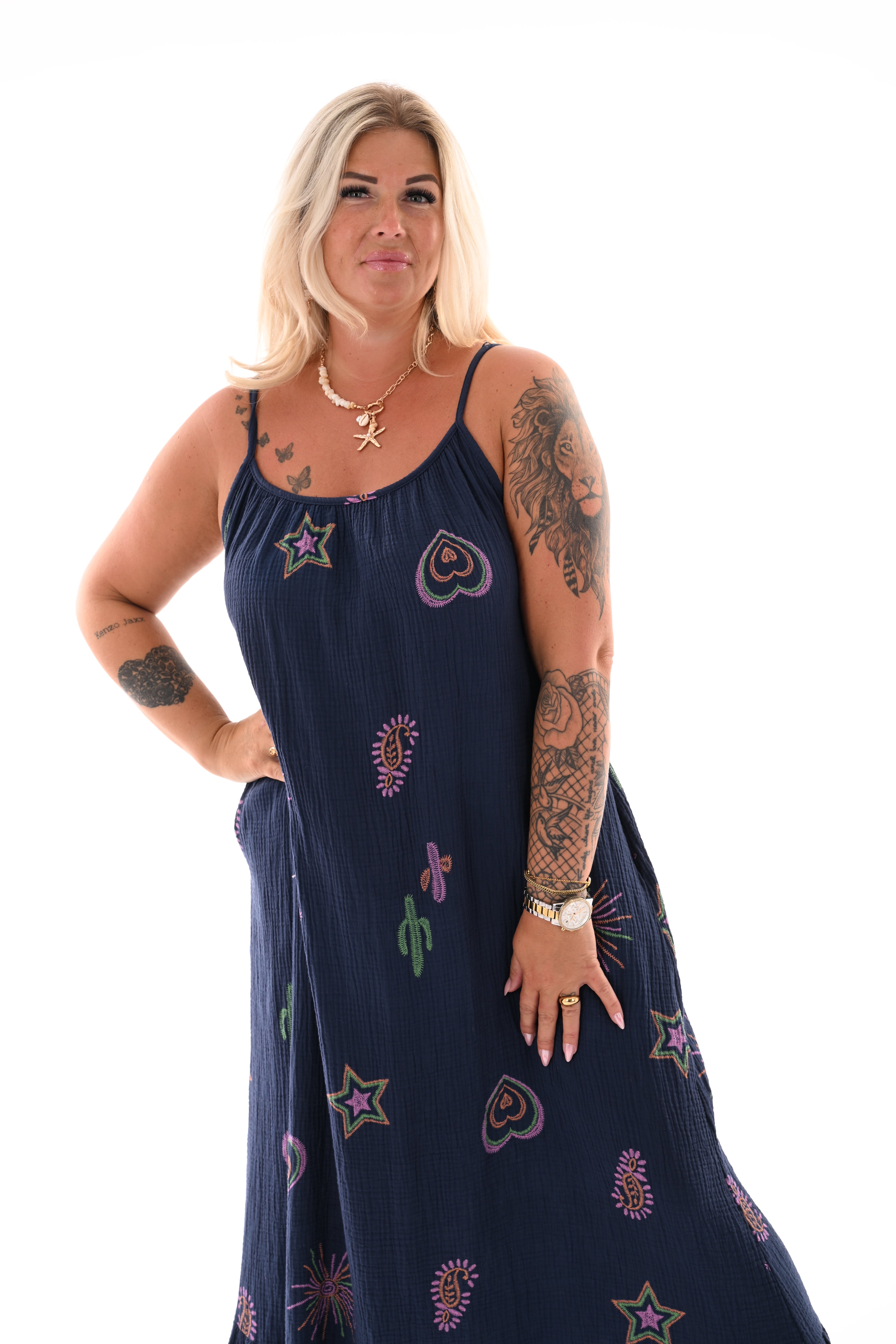Lange wafel jurk smalle bandjes cactus marineblauw