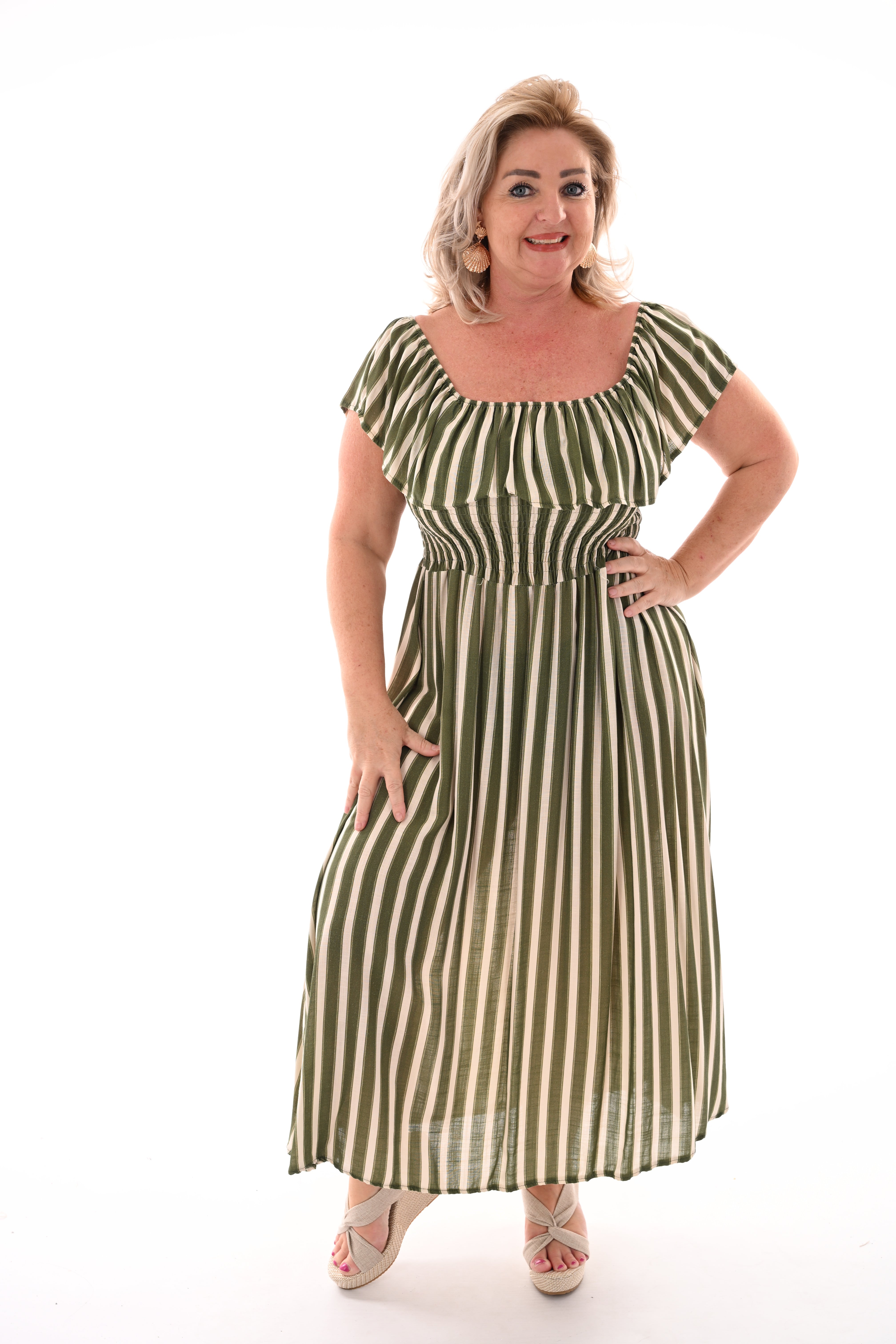 Off-shoulder jurk strepen legergroen