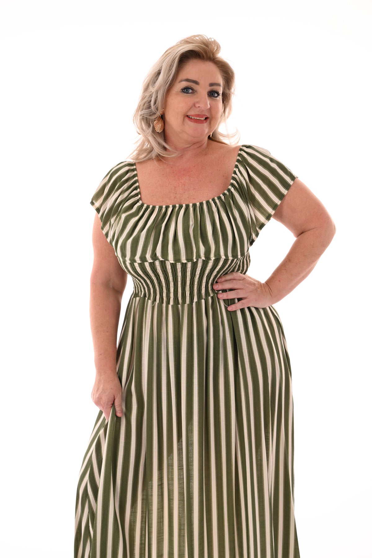 Off-shoulder jurk strepen legergroen