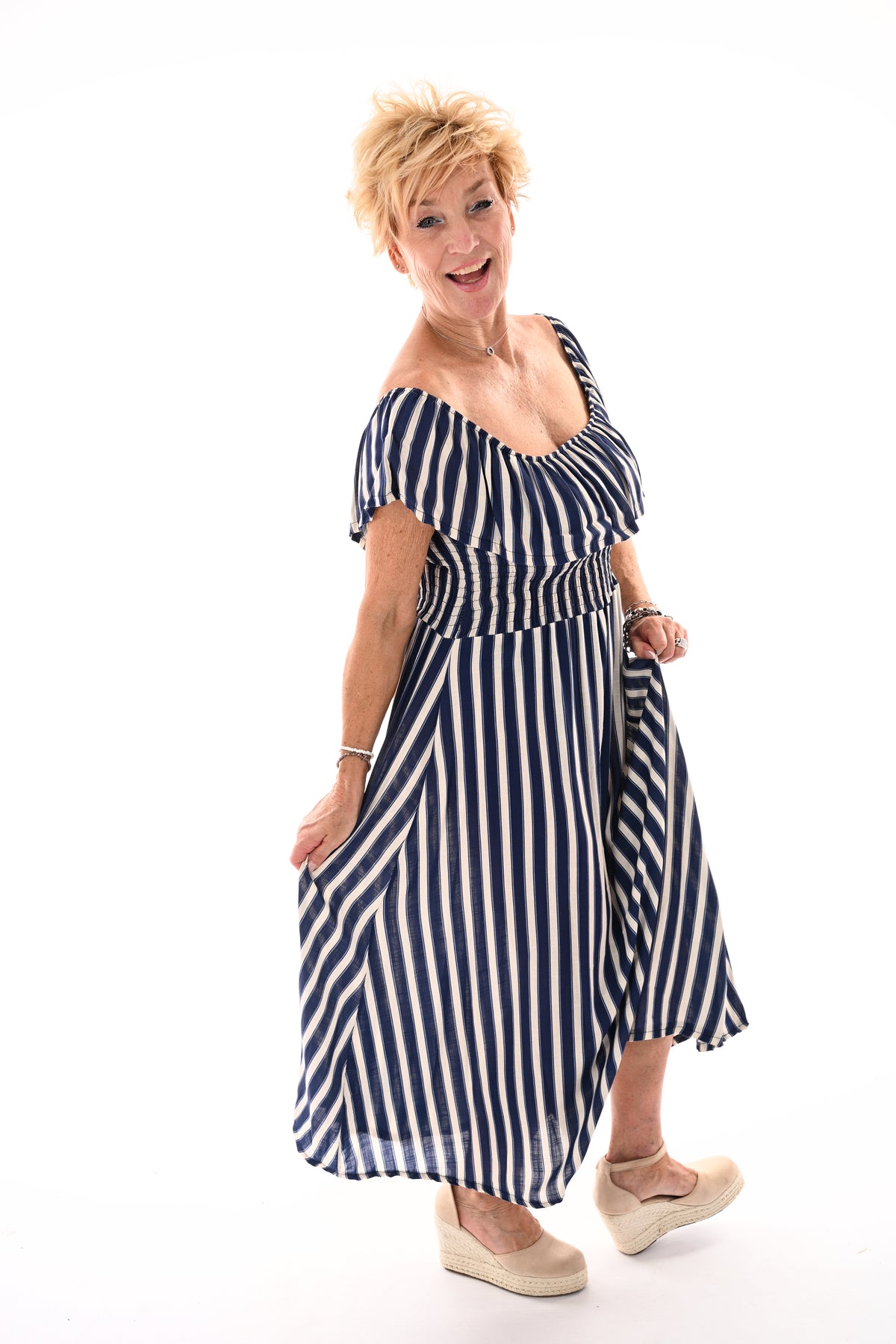 Off-shoulder jurk strepen marineblauw