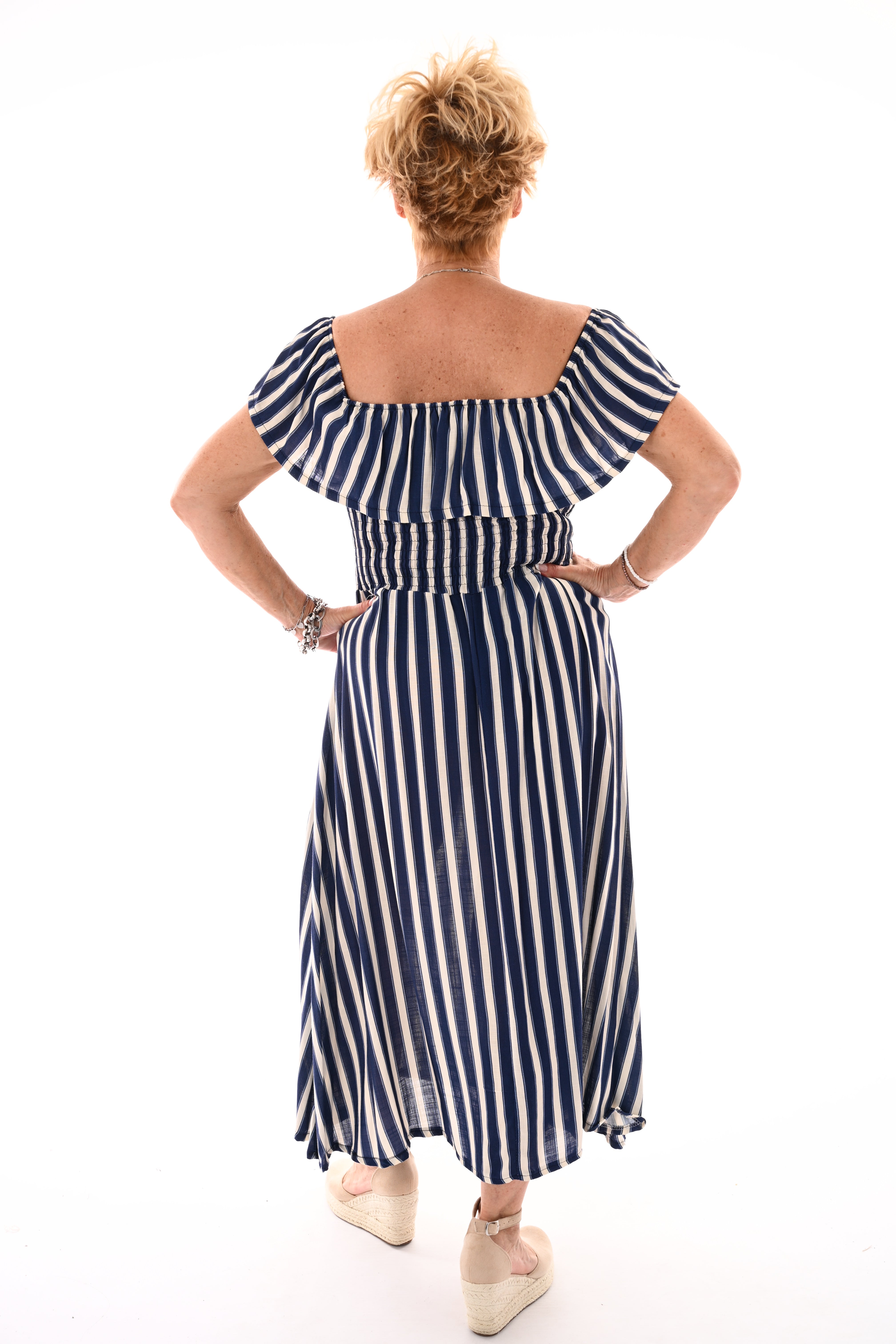 Off-shoulder jurk strepen marineblauw