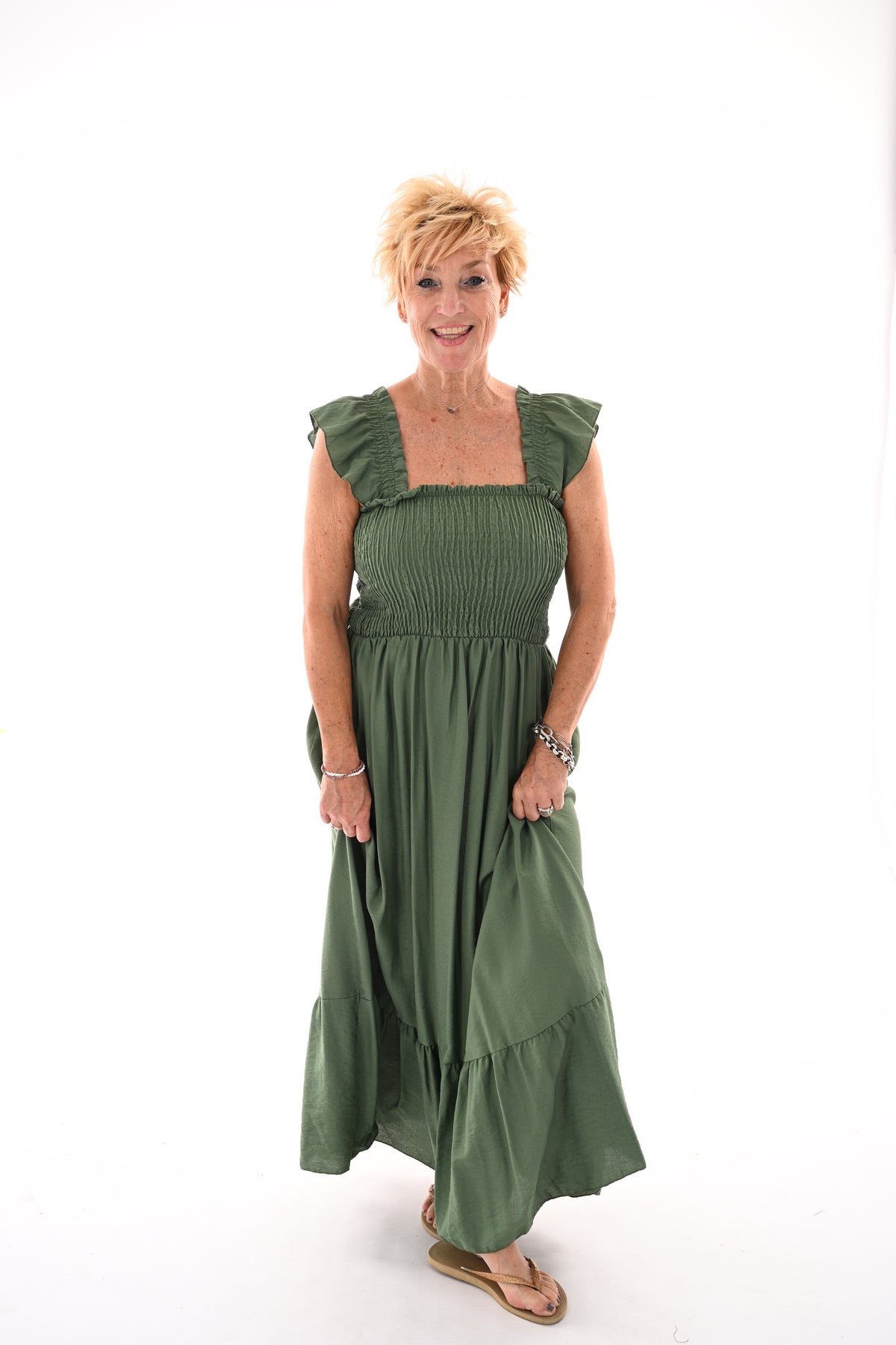 Lange jurk smock top legergroen