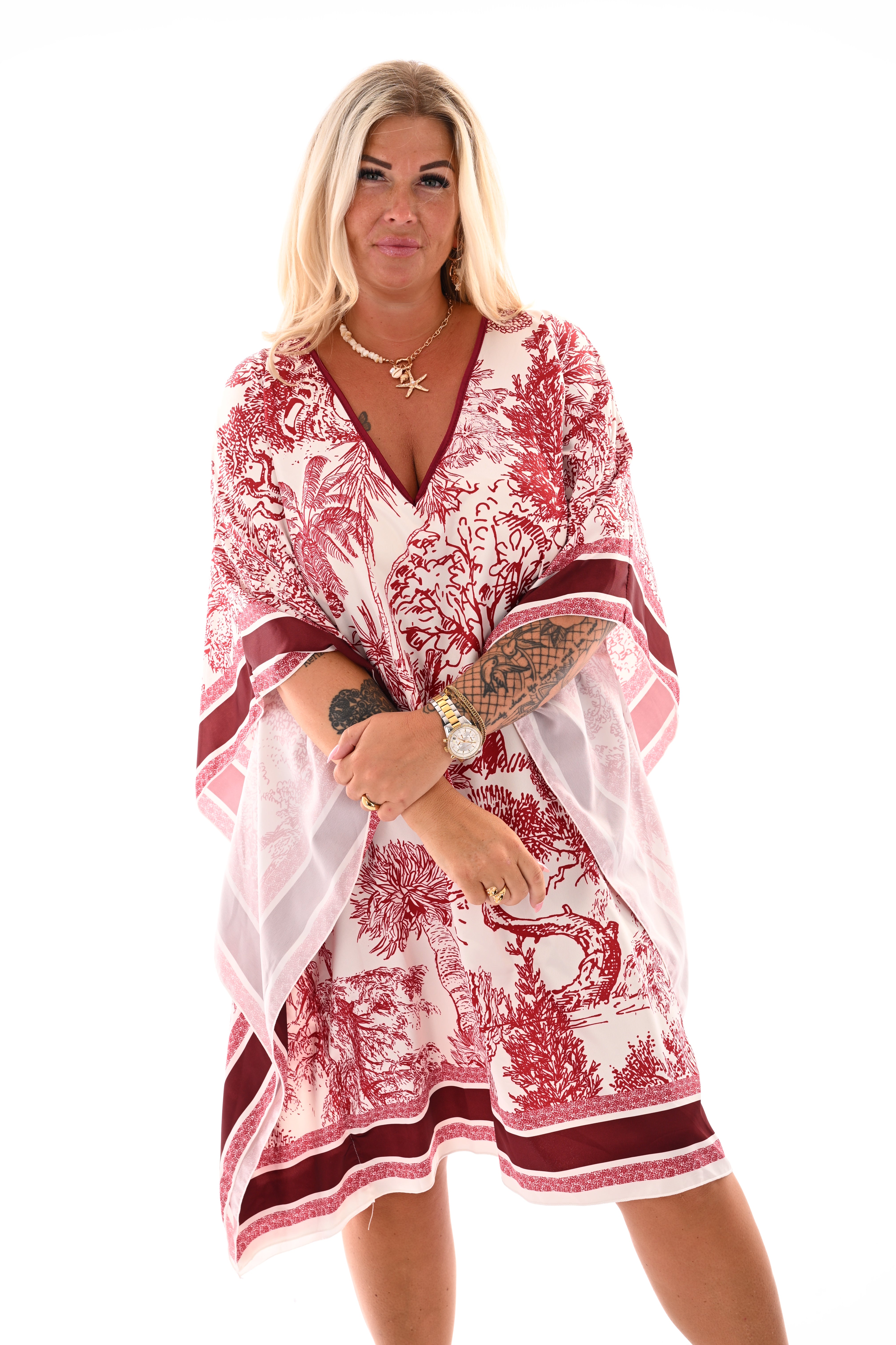 Jurk silky Toile de Jouy bordeaux