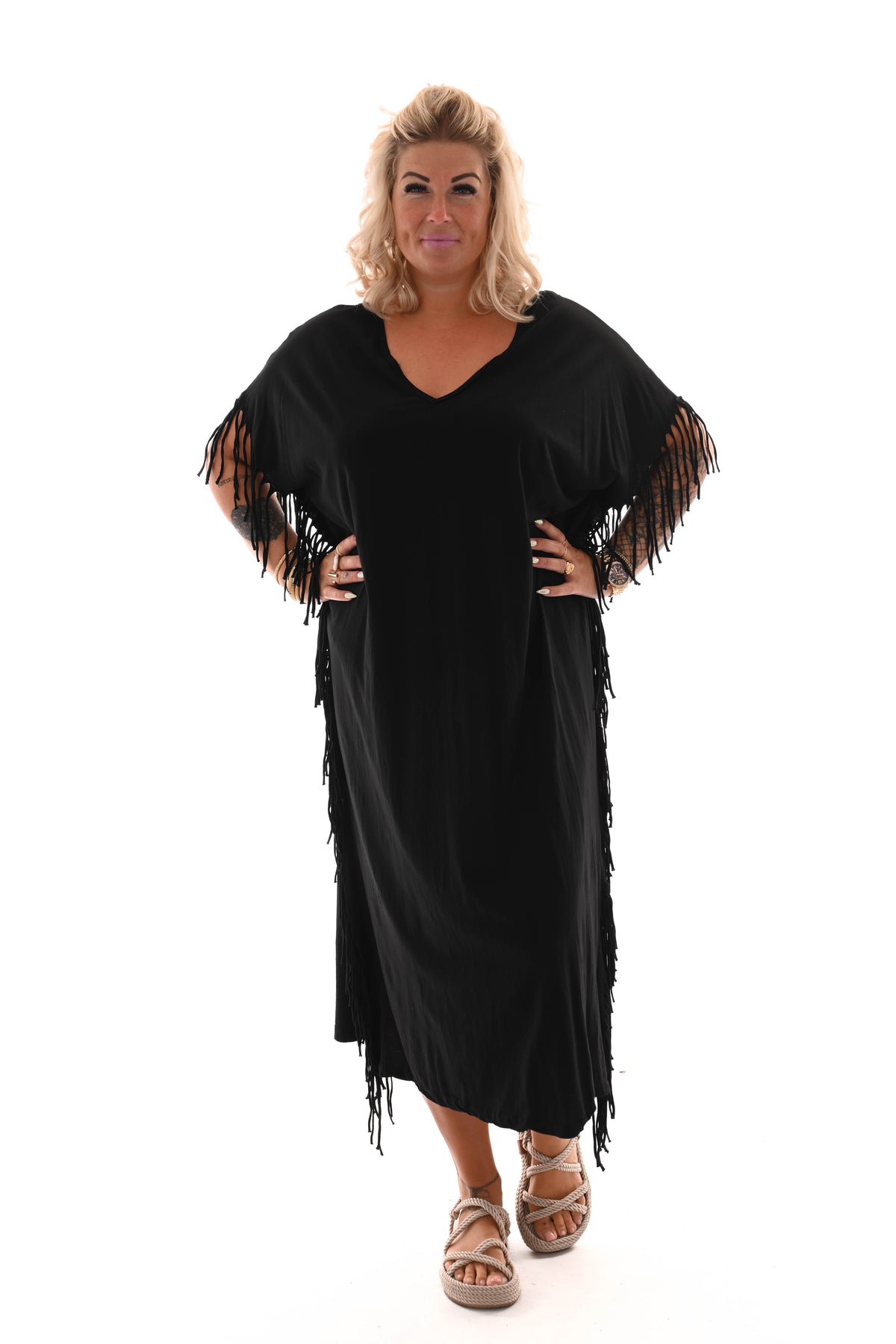 T-shirt dress franjes zwart