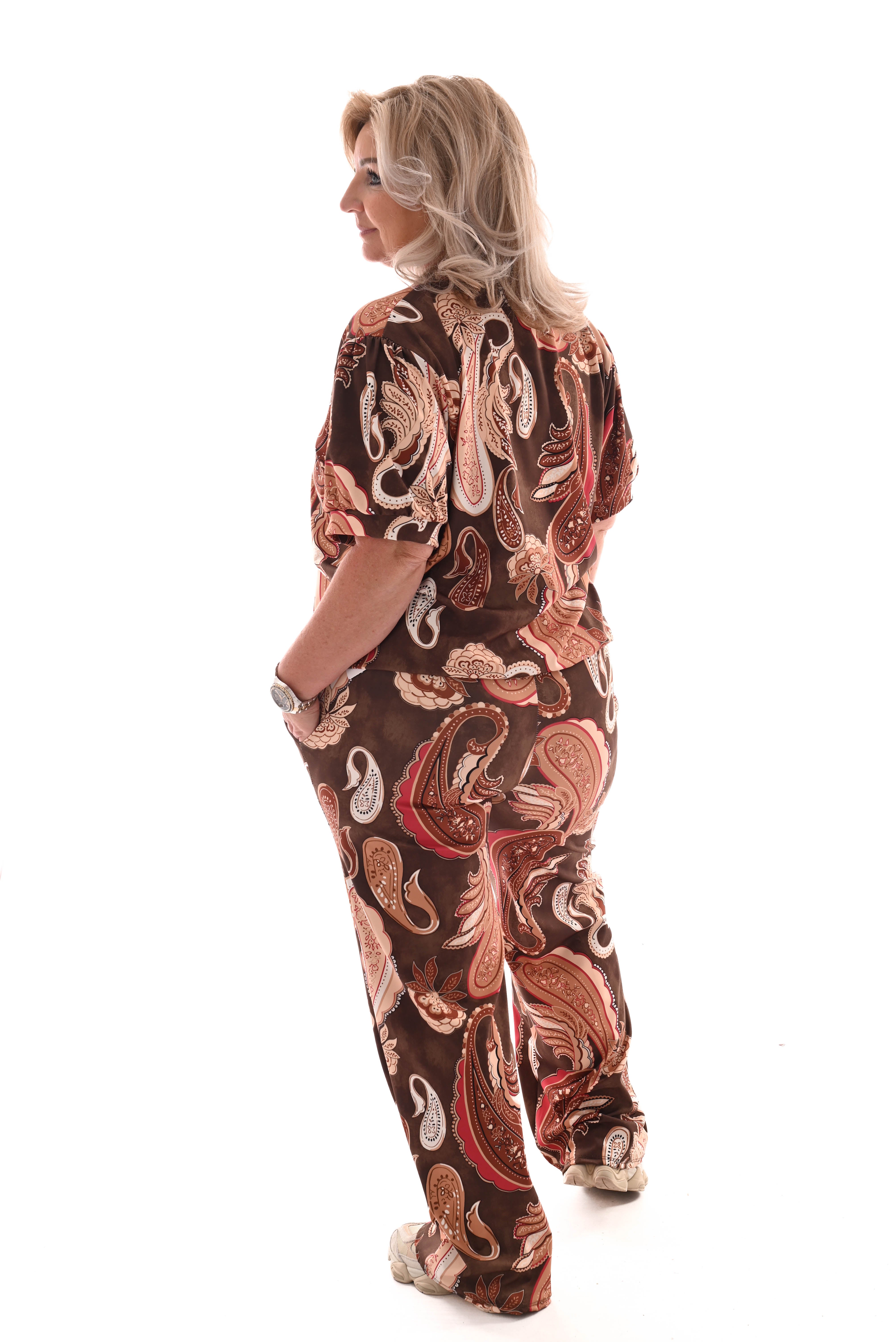 Tweedelig pak korte mouwen paisley donkerbruin