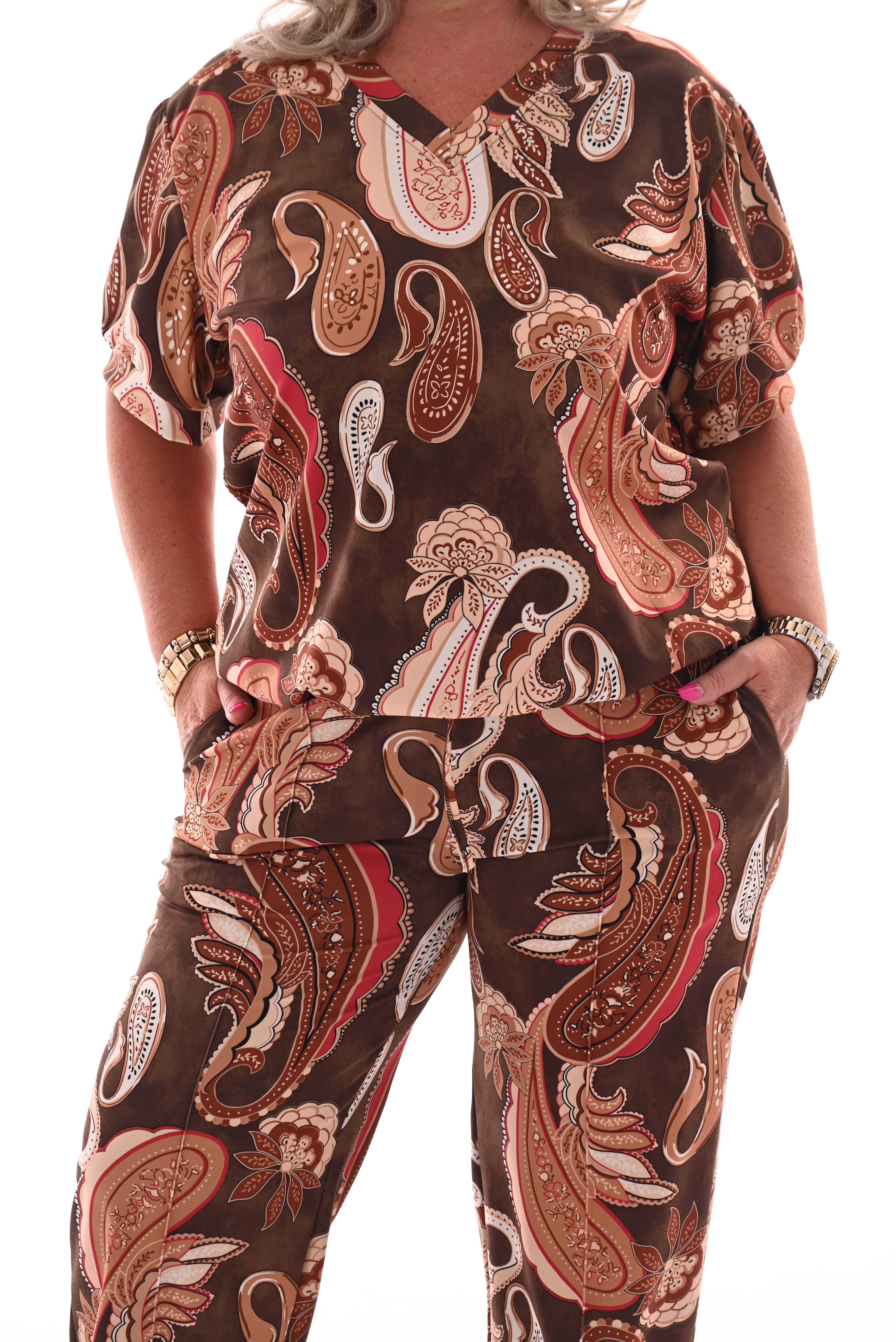 Tweedelig pak korte mouwen paisley donkerbruin