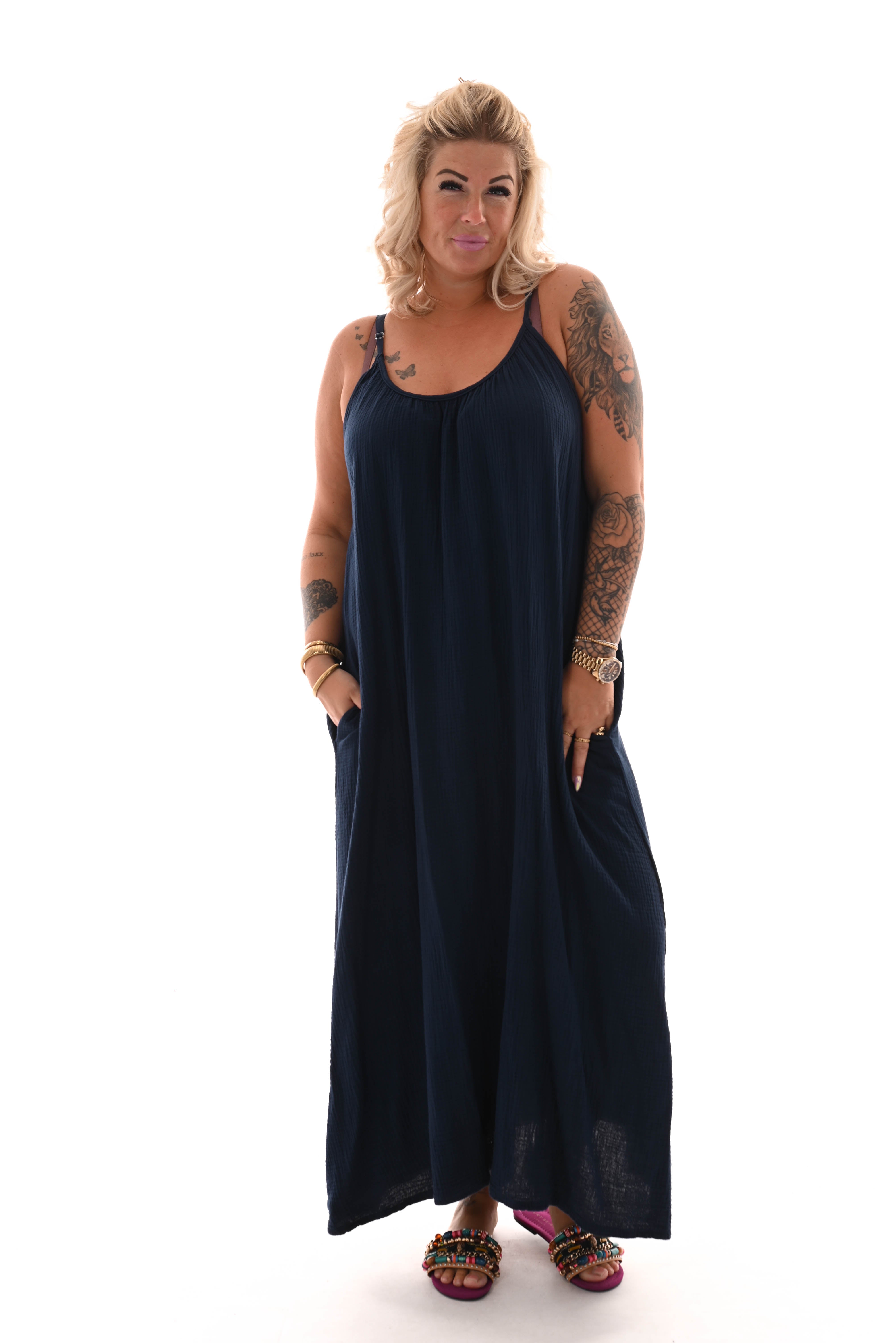 Lange wafel jurk uni marineblauw