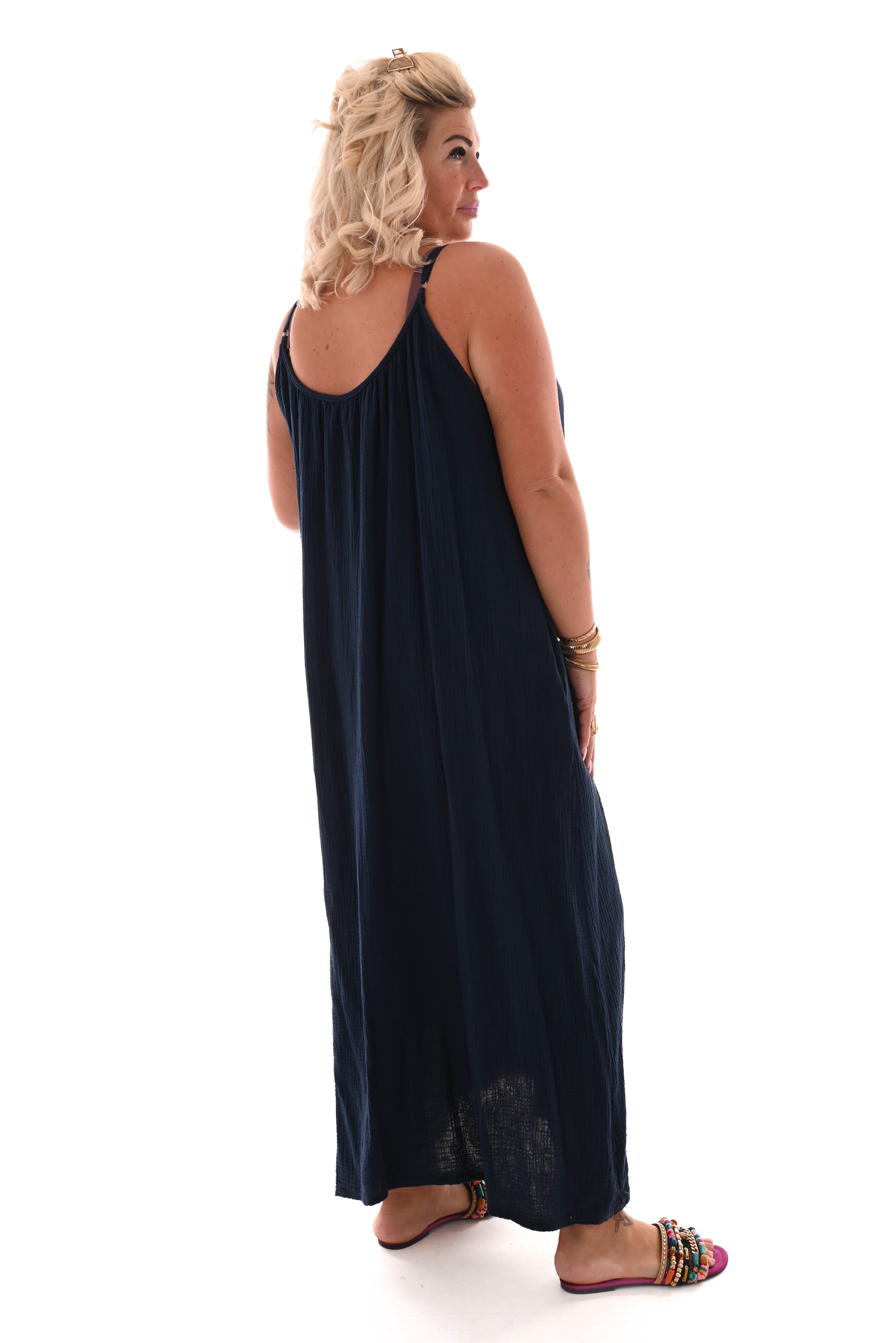 Lange wafel jurk uni marineblauw